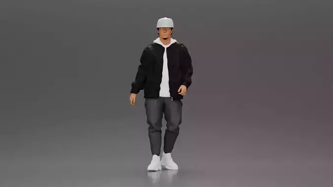 urban man walking in black jacket white hoodie cap and sneakers