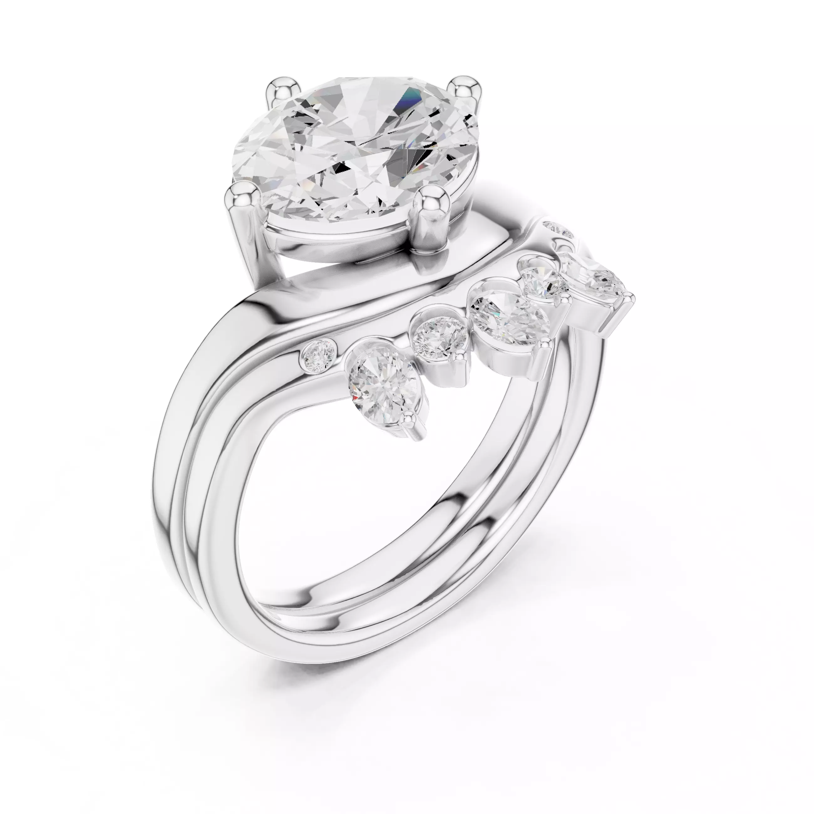 East West Oval Cut Solitaire Curve Wedding Ring Set File Video 3D print model_10