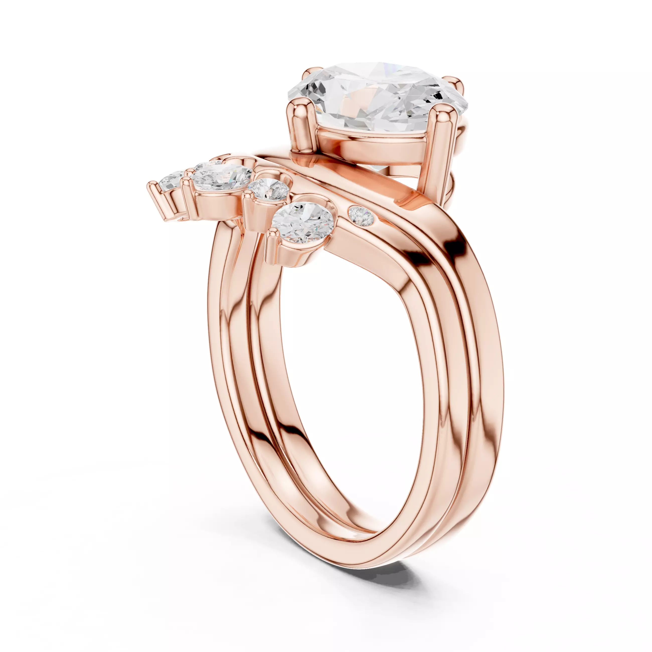 East West Oval Cut Solitaire Curve Wedding Ring Set File Video 3D print model_3