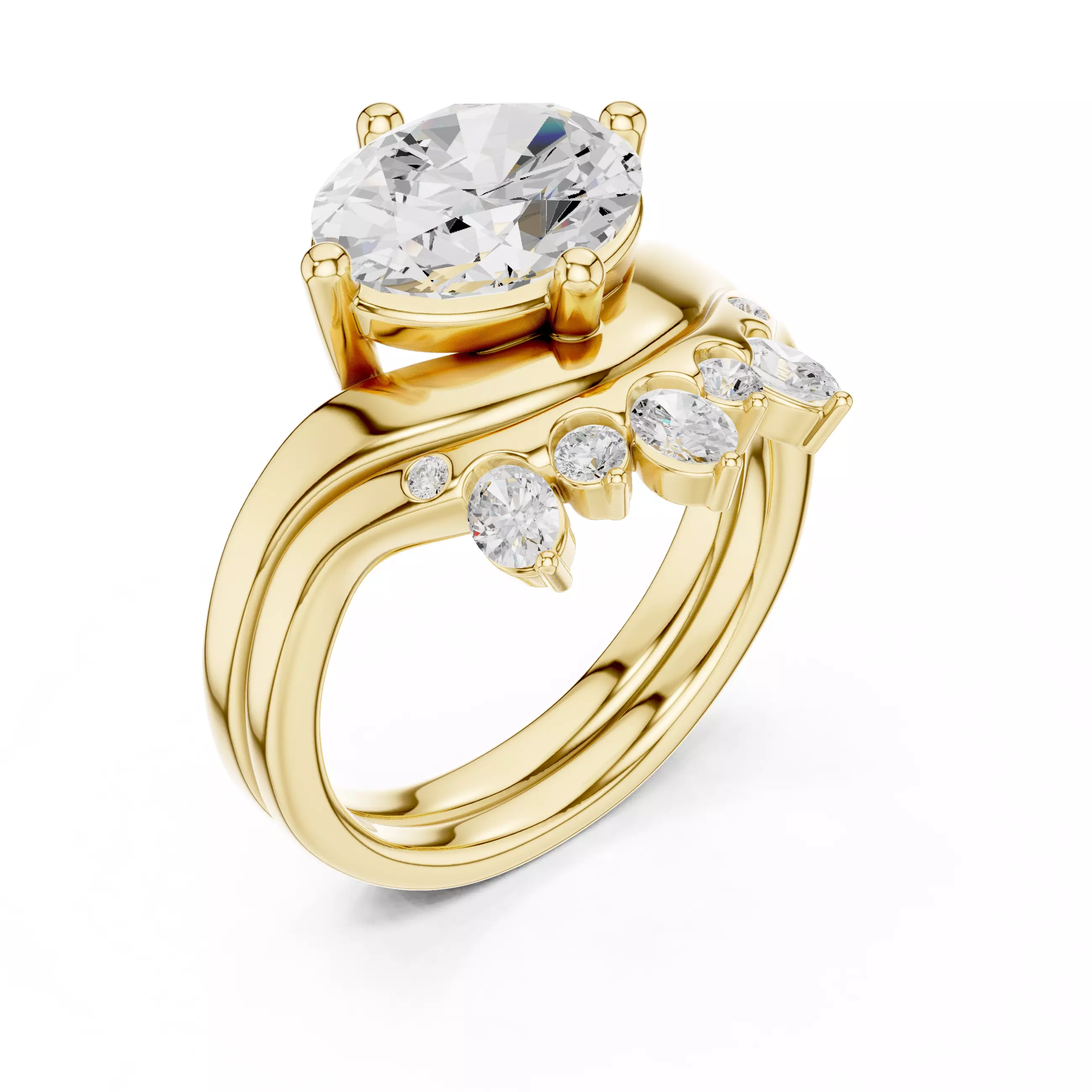 East West Oval Cut Solitaire Curve Wedding Ring Set File Video 3D print model_7