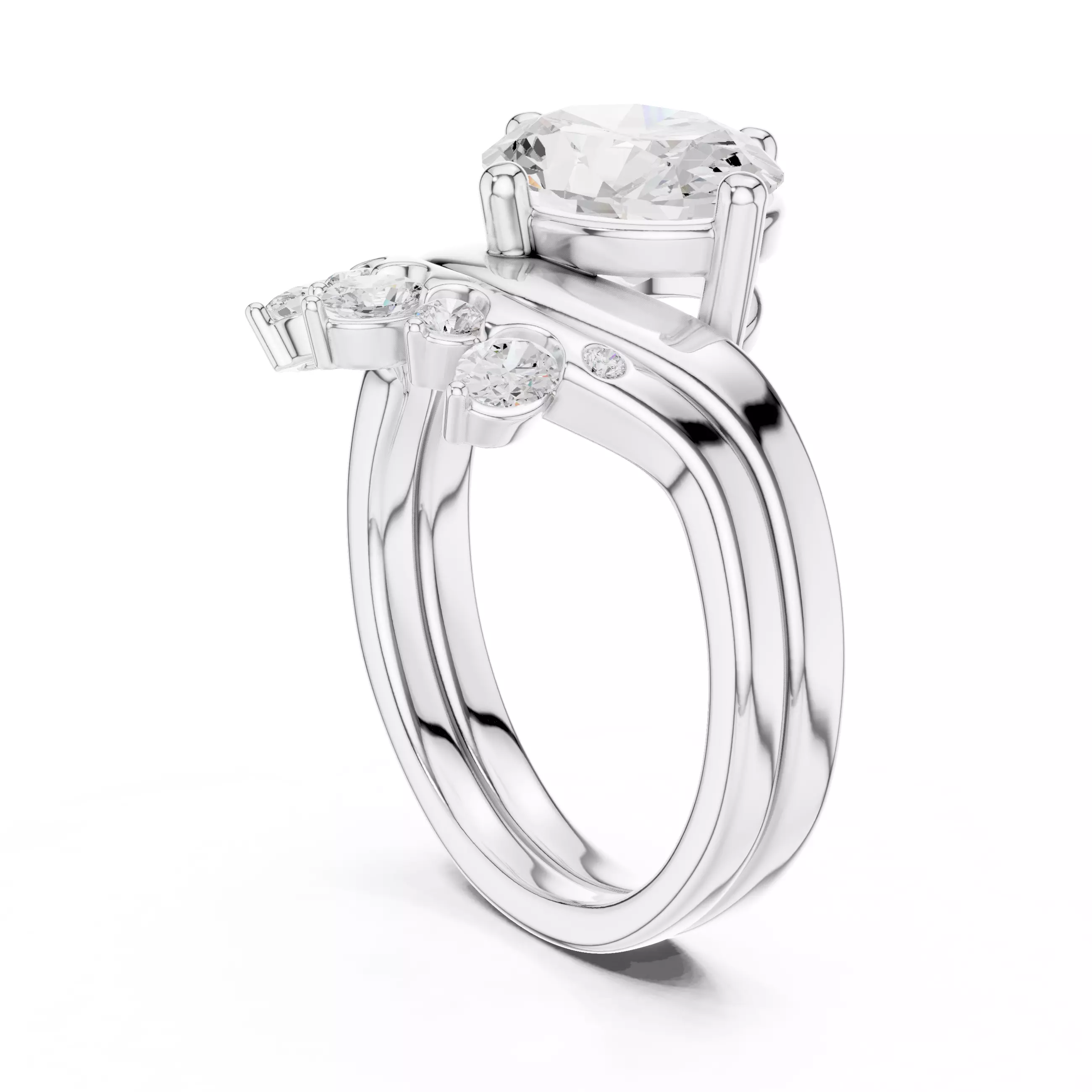 East West Oval Cut Solitaire Curve Wedding Ring Set File Video 3D print model_9