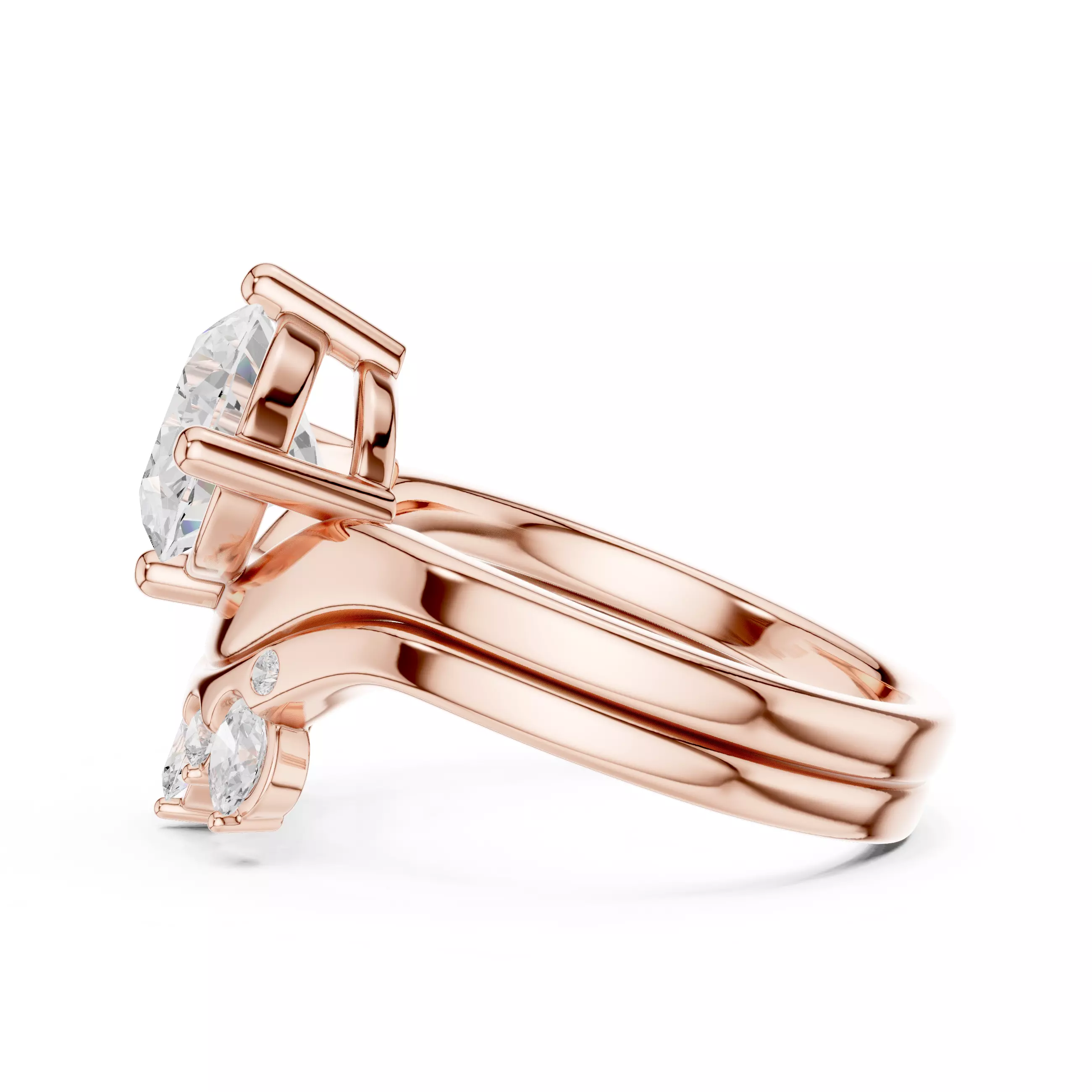 East West Oval Cut Solitaire Curve Wedding Ring Set File Video 3D print model_5