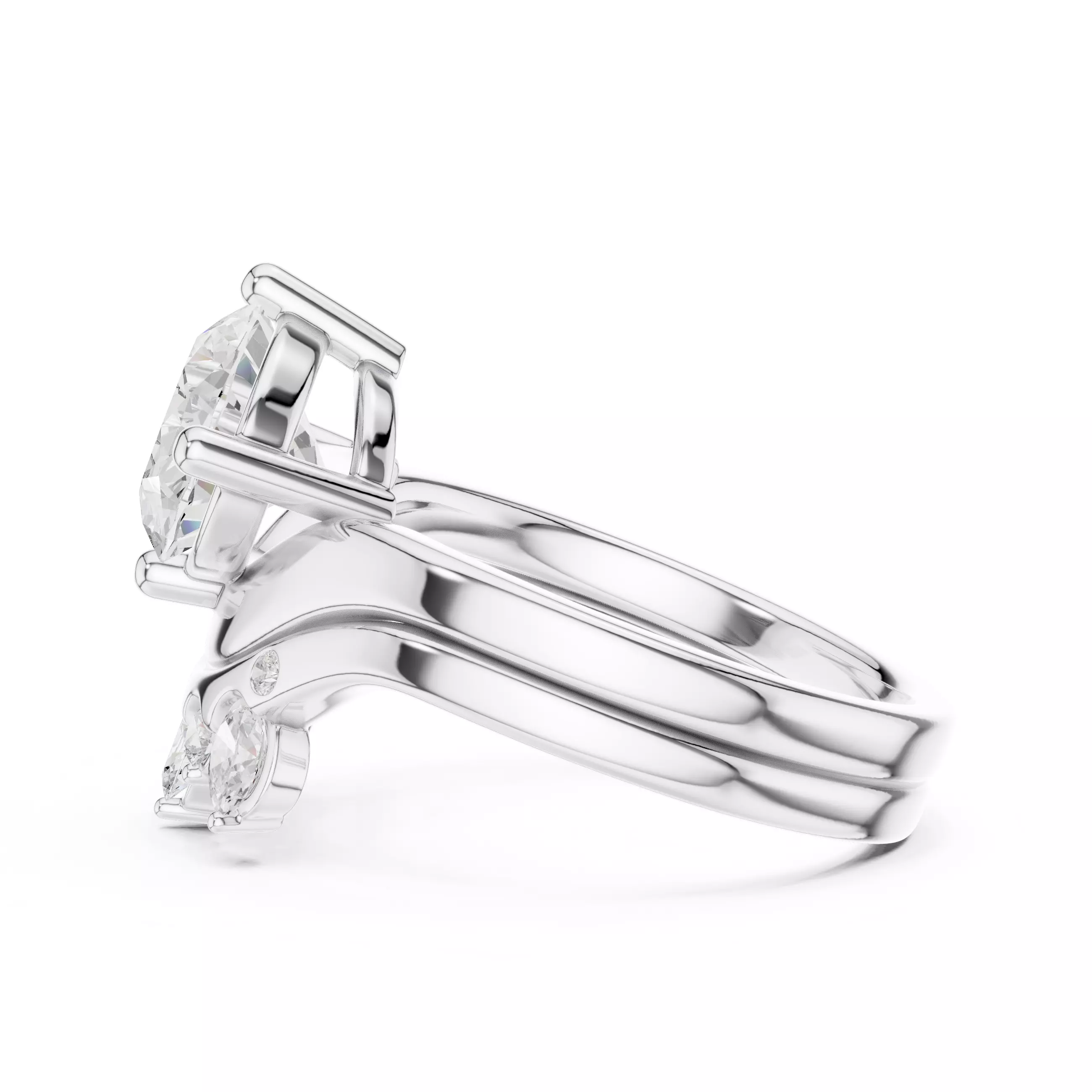 East West Oval Cut Solitaire Curve Wedding Ring Set File Video 3D print model_11