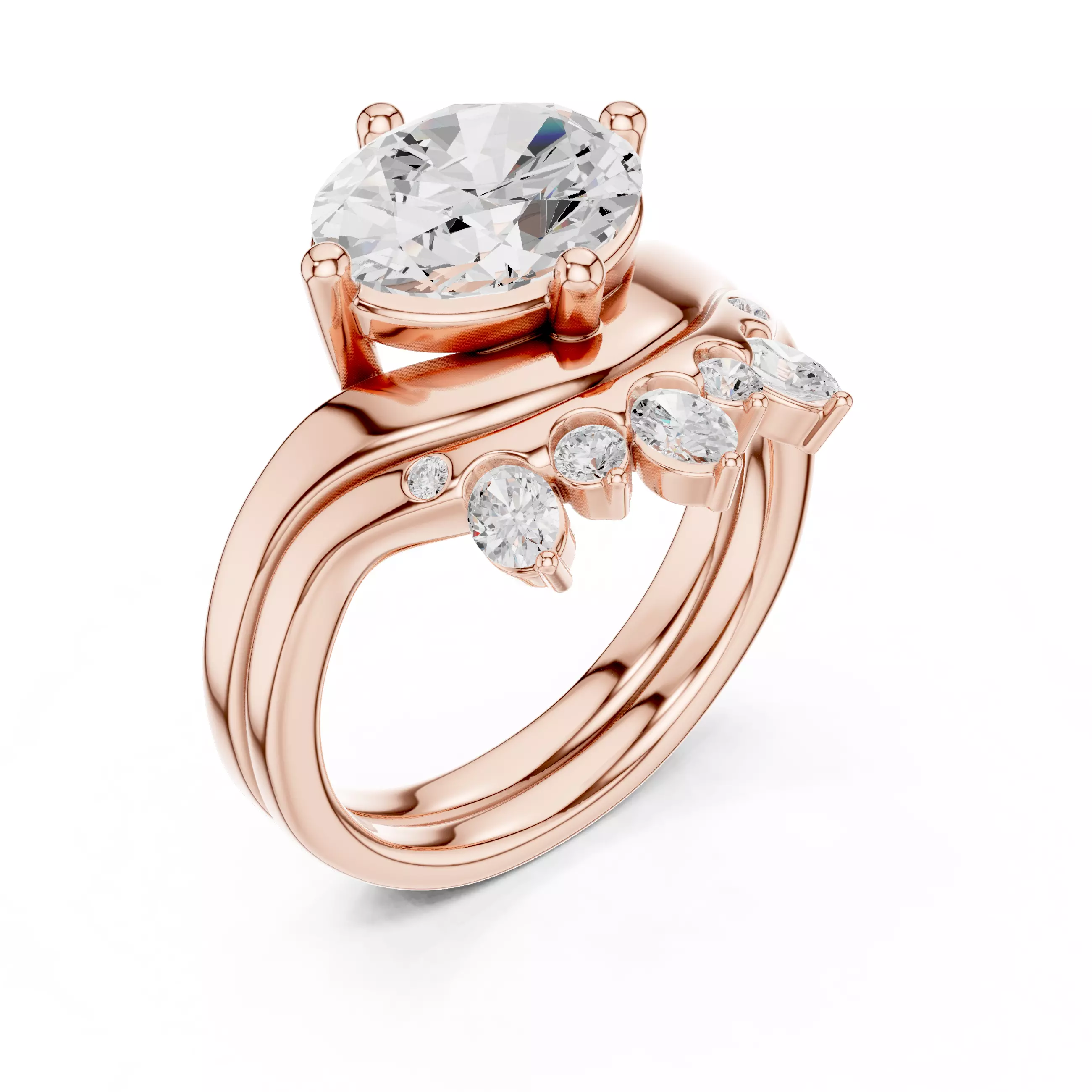 East West Oval Cut Solitaire Curve Wedding Ring Set File Video 3D print model_4