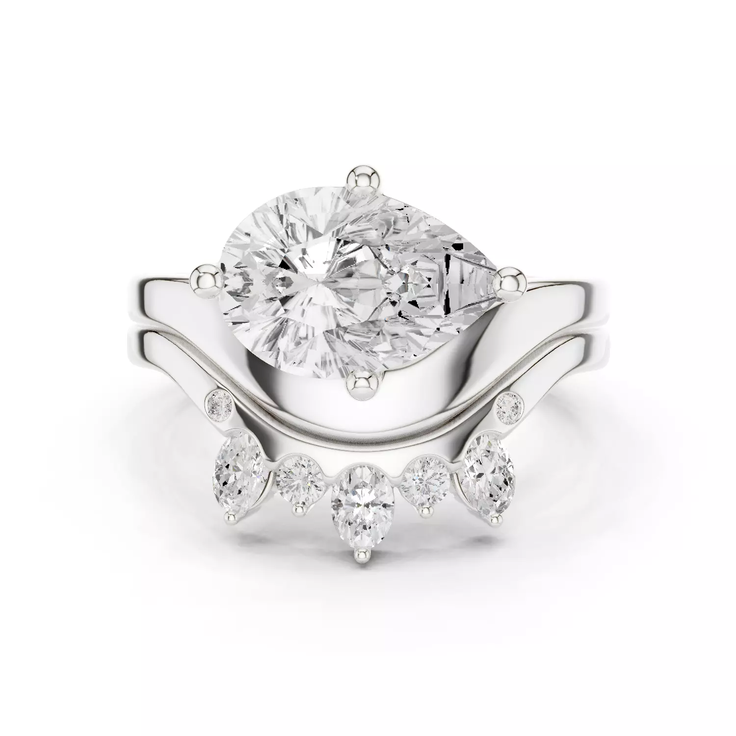 East West Pear Cut Solitaire Curved Wedding Ring Set File Video 3D print model_14