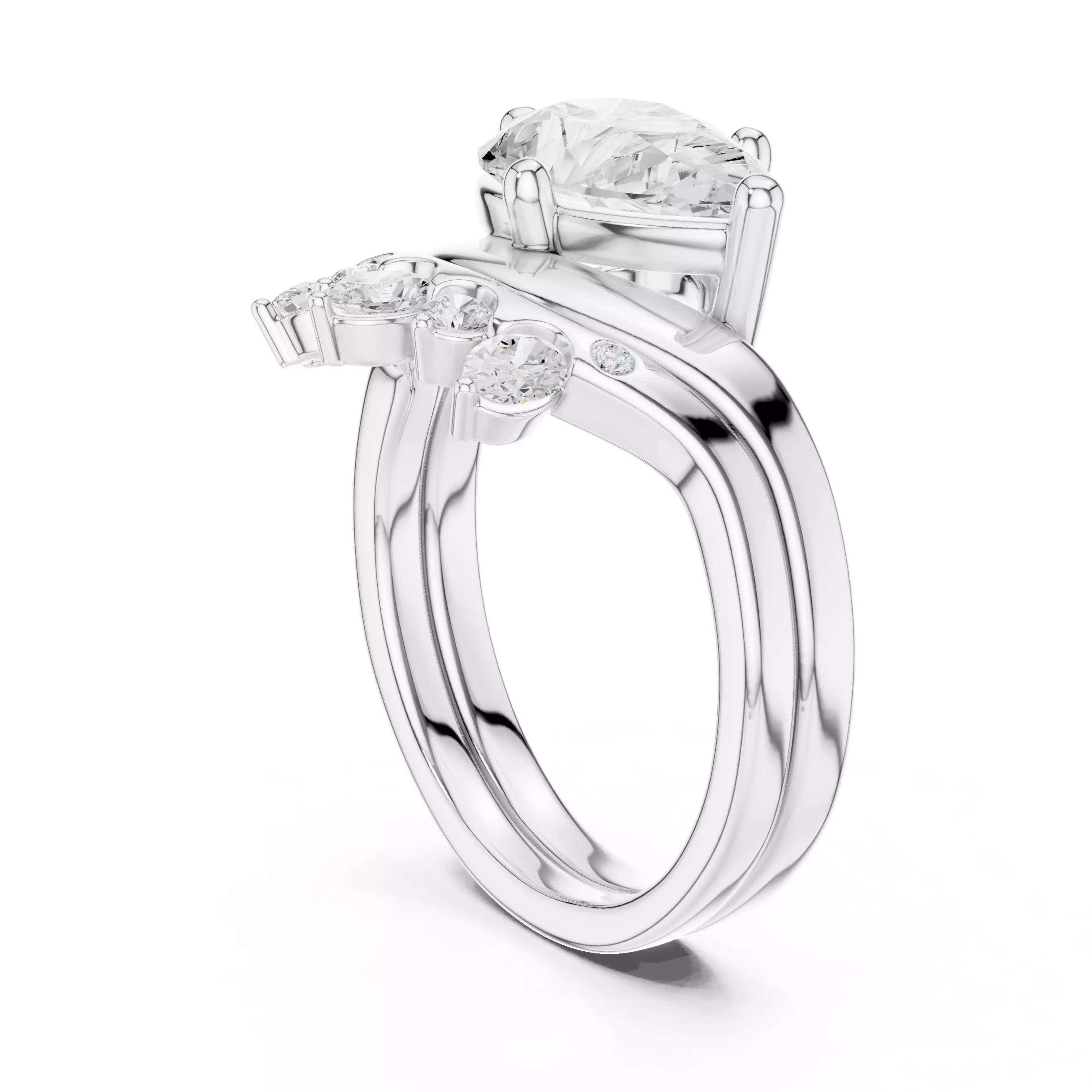 East West Pear Cut Solitaire Curved Wedding Ring Set File Video 3D print model_9