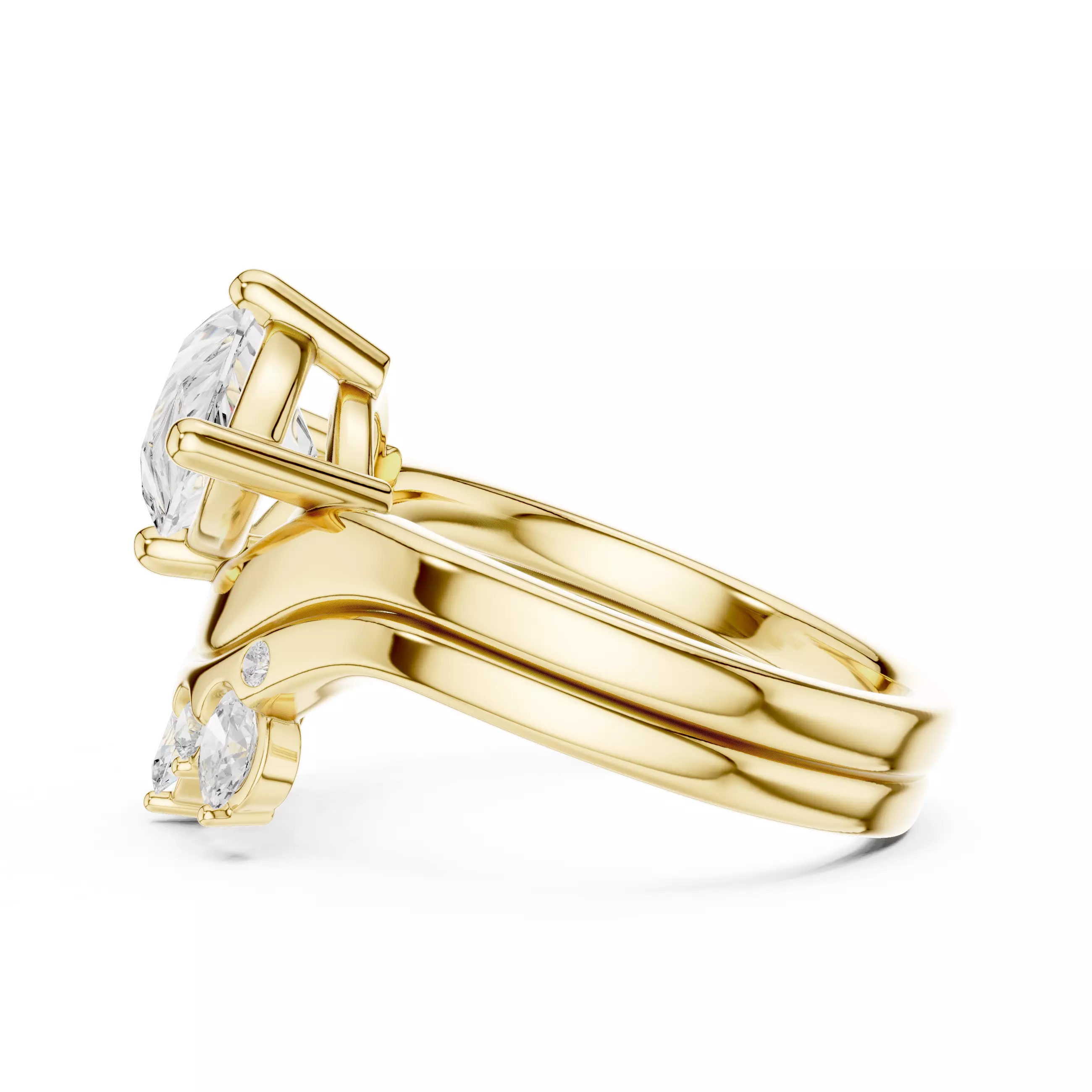 East West Pear Cut Solitaire Curved Wedding Ring Set File Video 3D print model_8