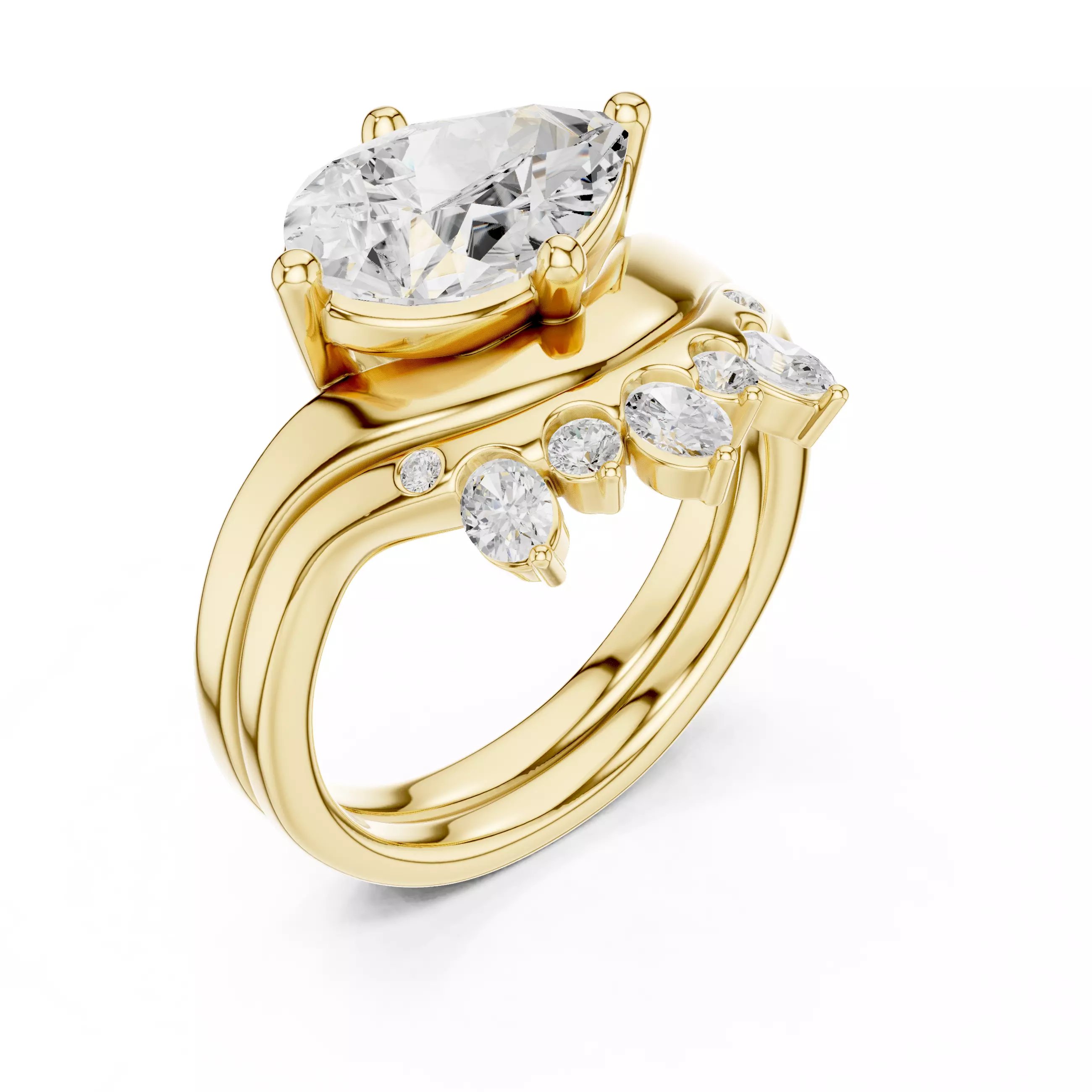 East West Pear Cut Solitaire Curved Wedding Ring Set File Video 3D print model_7