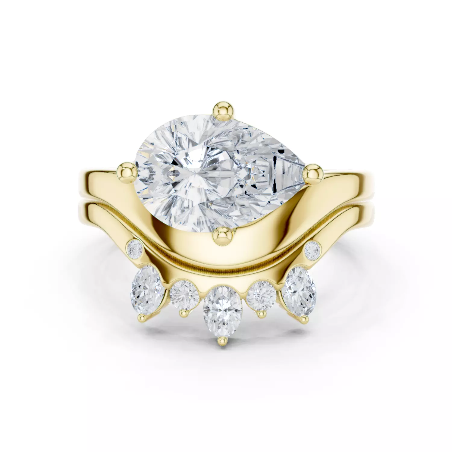 East West Pear Cut Solitaire Curved Wedding Ring Set File Video 3D print model_13