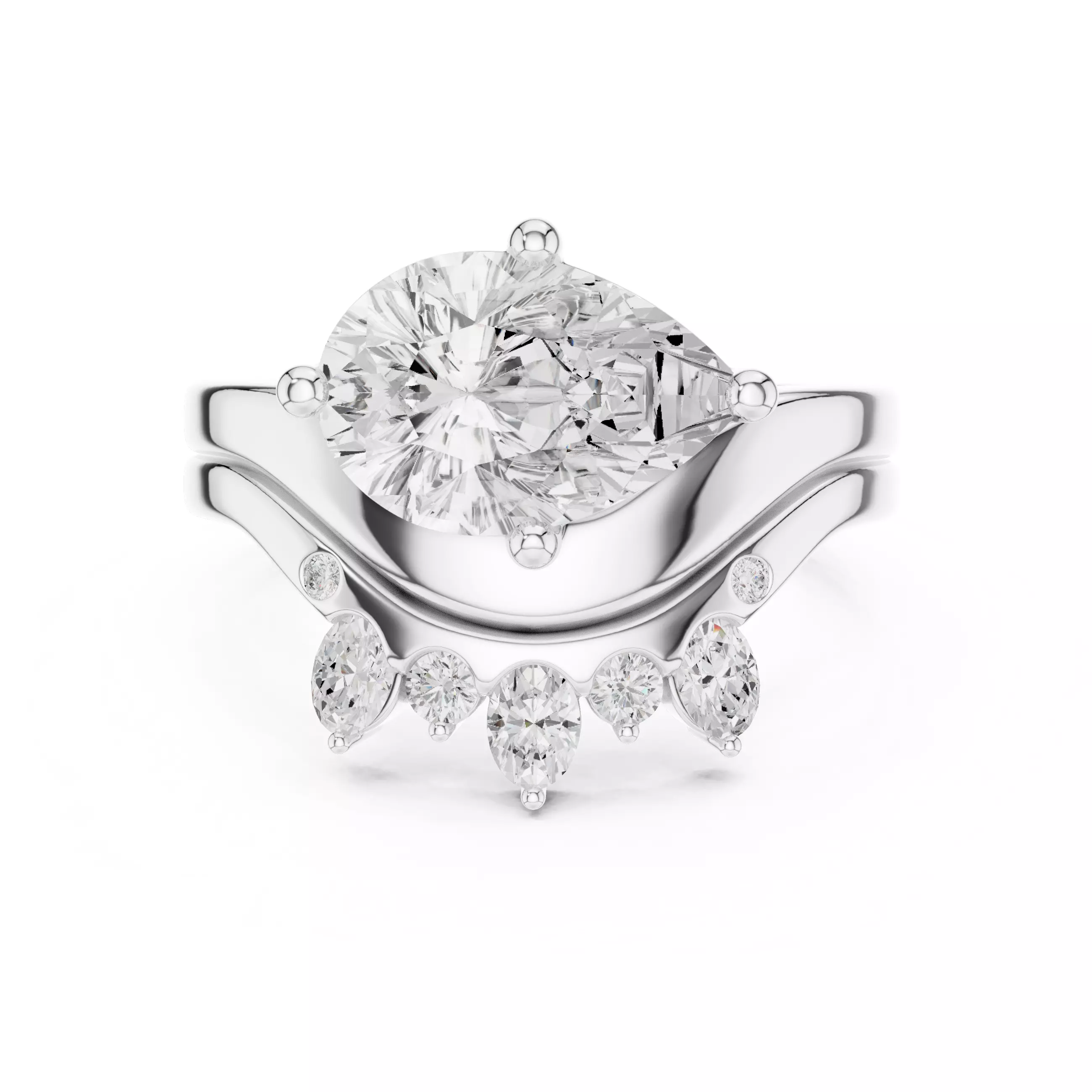 East West Pear Cut Solitaire Curved Wedding Ring Set File Video 3D print model_2