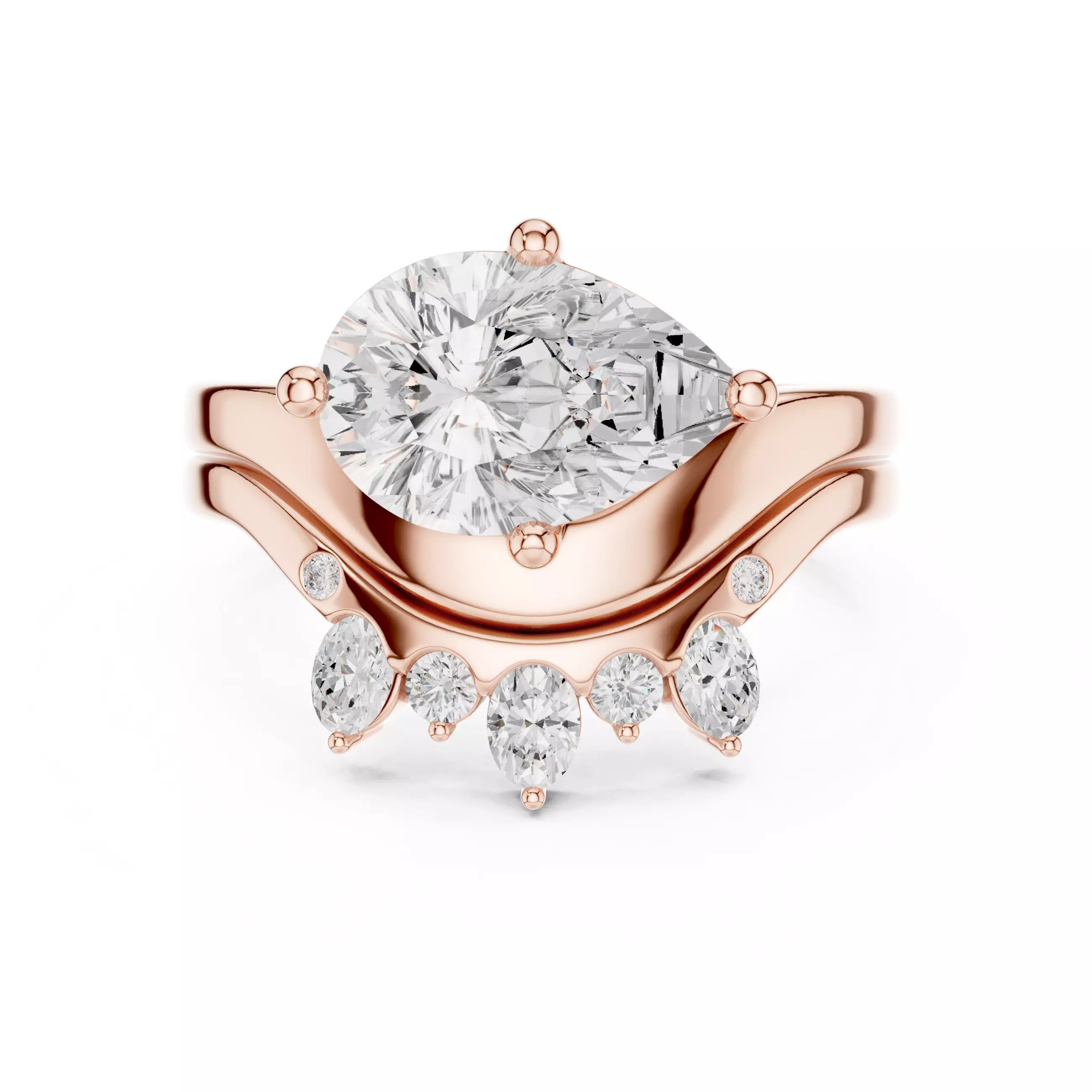 East West Pear Cut Solitaire Curved Wedding Ring Set File Video 3D print model_0