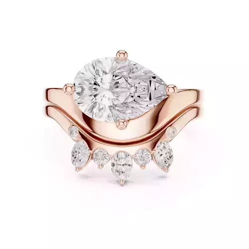 East West Pear Cut Solitaire Curved Wedding Ring Set File Video 3D print model