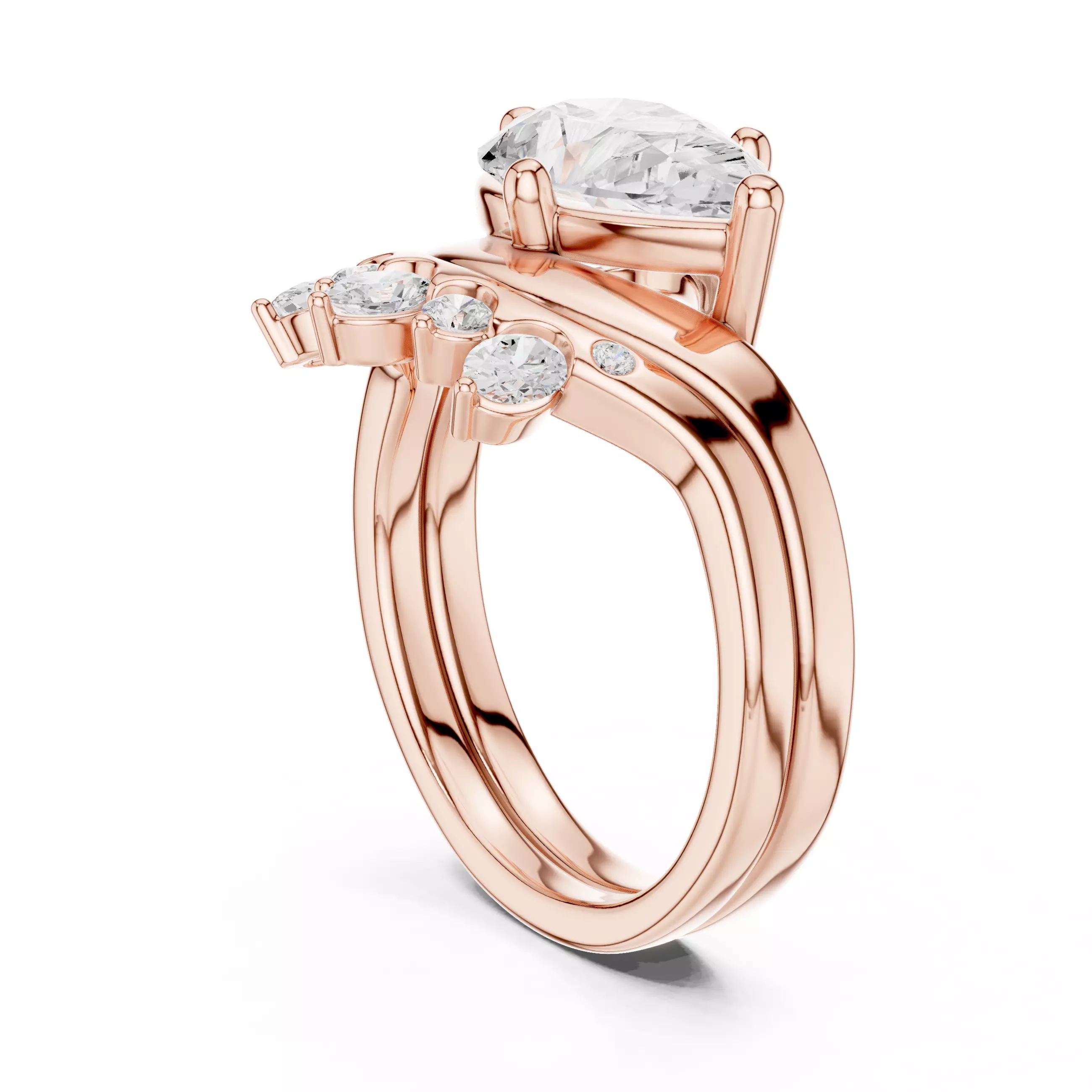 East West Pear Cut Solitaire Curved Wedding Ring Set File Video 3D print model_3