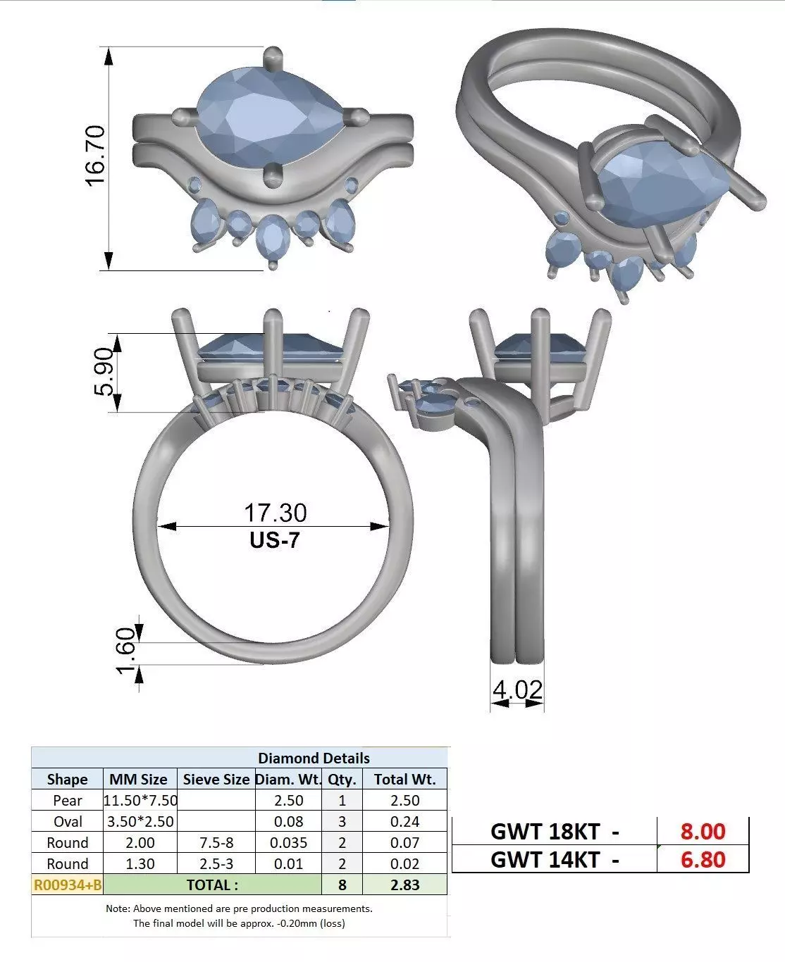 East West Pear Cut Solitaire Curved Wedding Ring Set File Video 3D print model_15