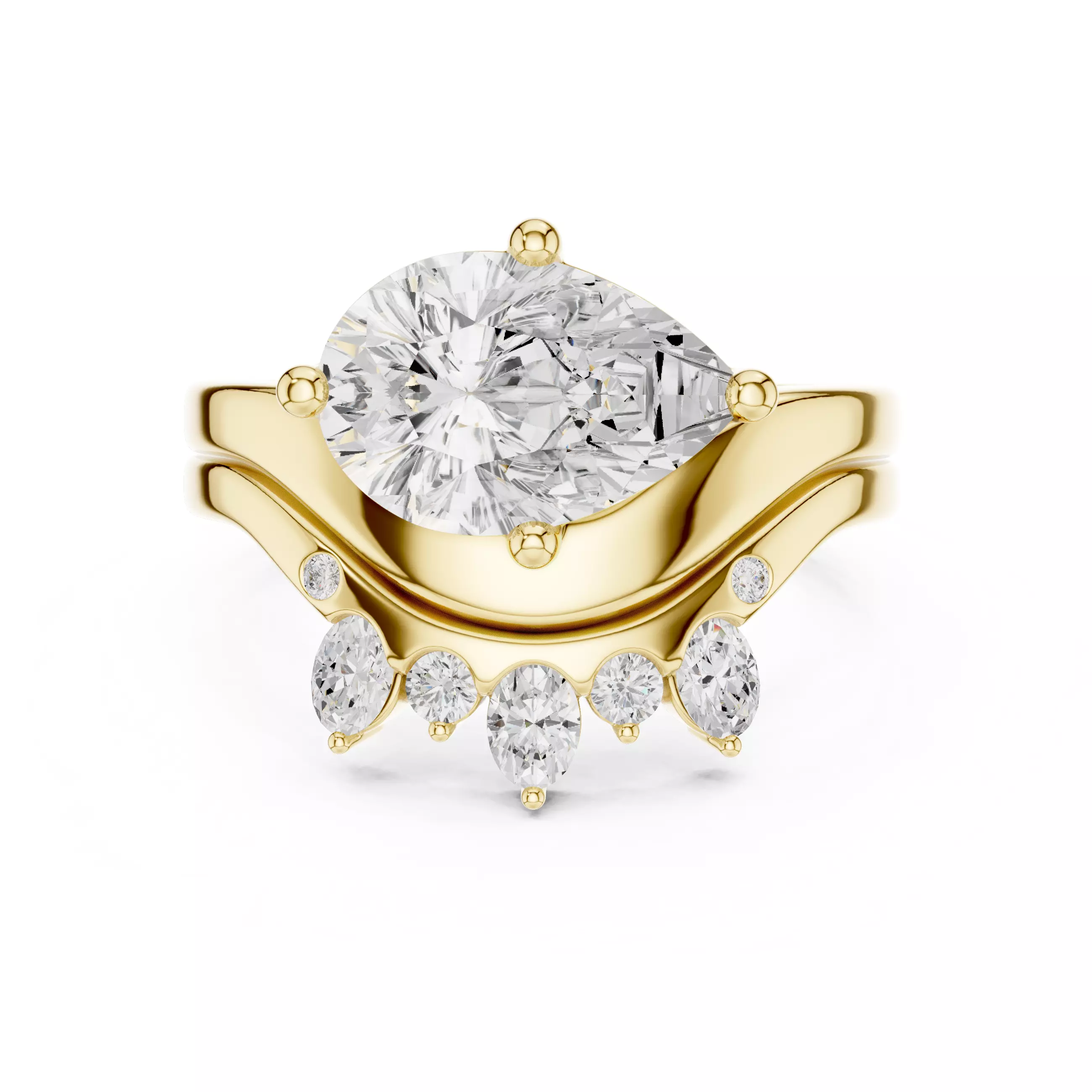 East West Pear Cut Solitaire Curved Wedding Ring Set File Video 3D print model_1