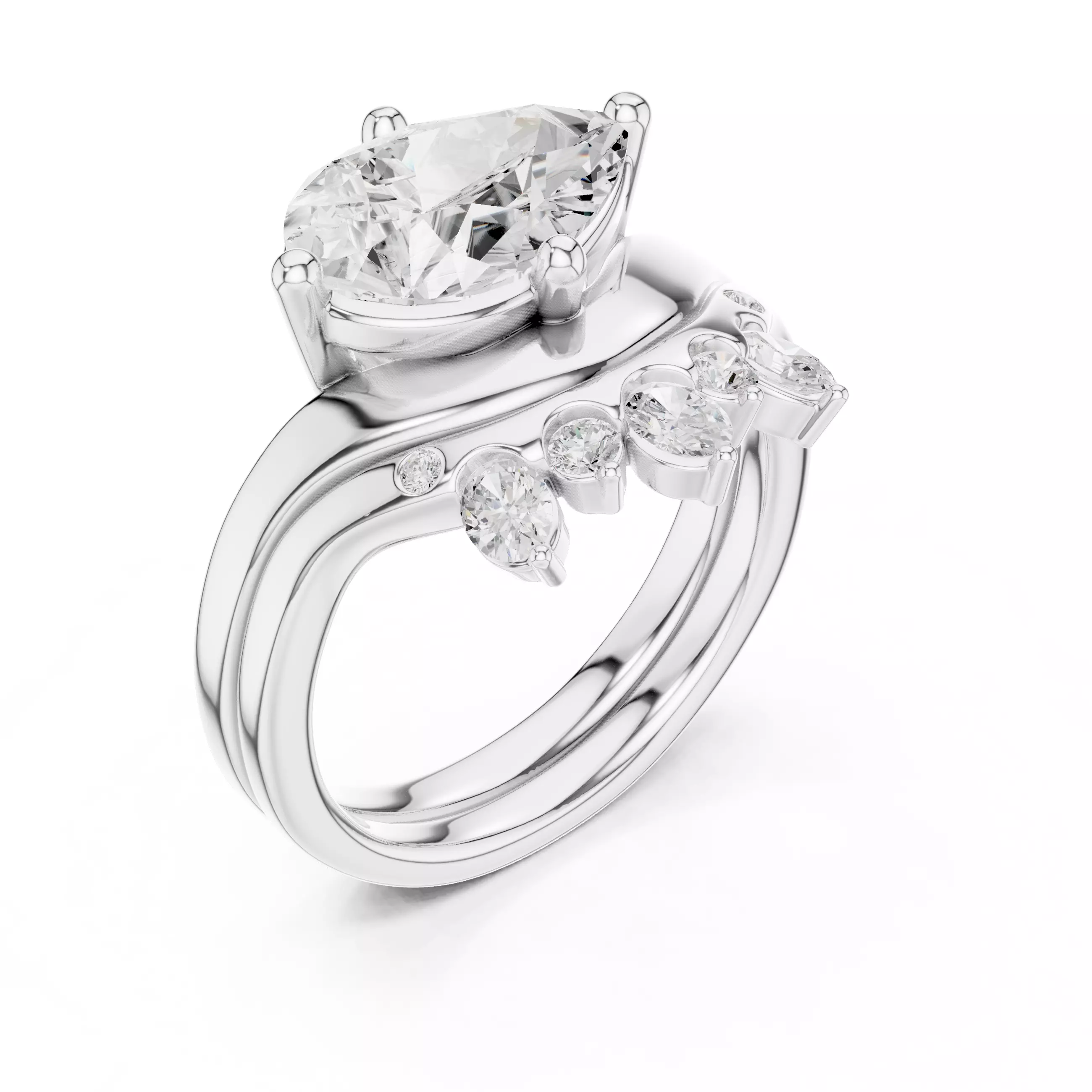 East West Pear Cut Solitaire Curved Wedding Ring Set File Video 3D print model_10