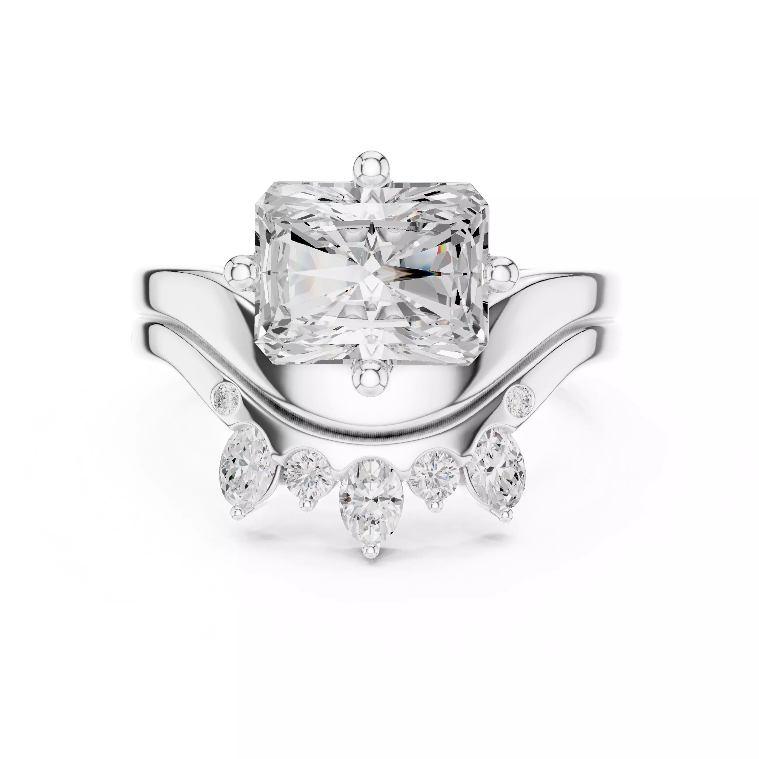 East West Radiant Cut Curved Wedding Ring Set 3DM STL Video 3D print model_2