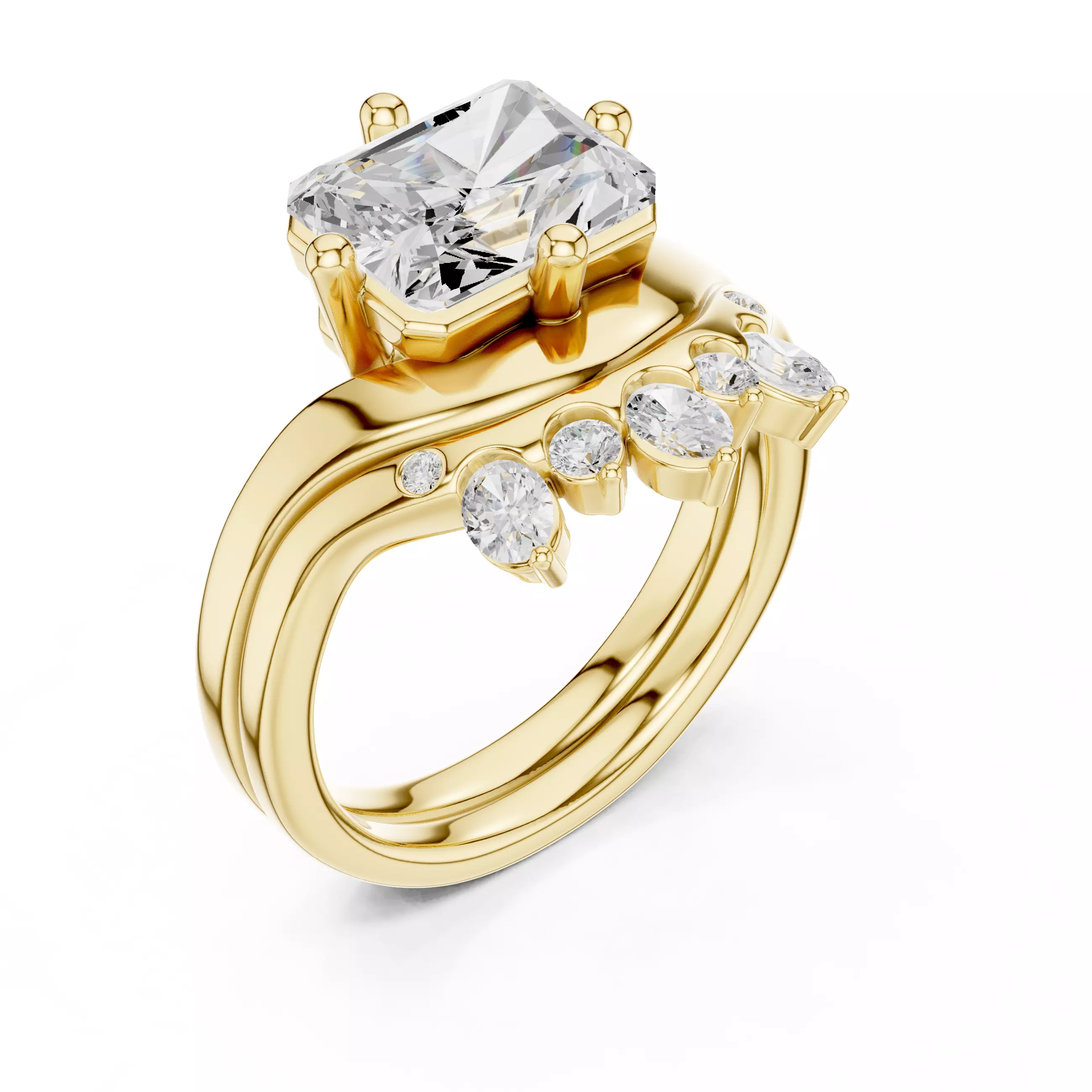 East West Radiant Cut Curved Wedding Ring Set 3DM STL Video 3D print model_7