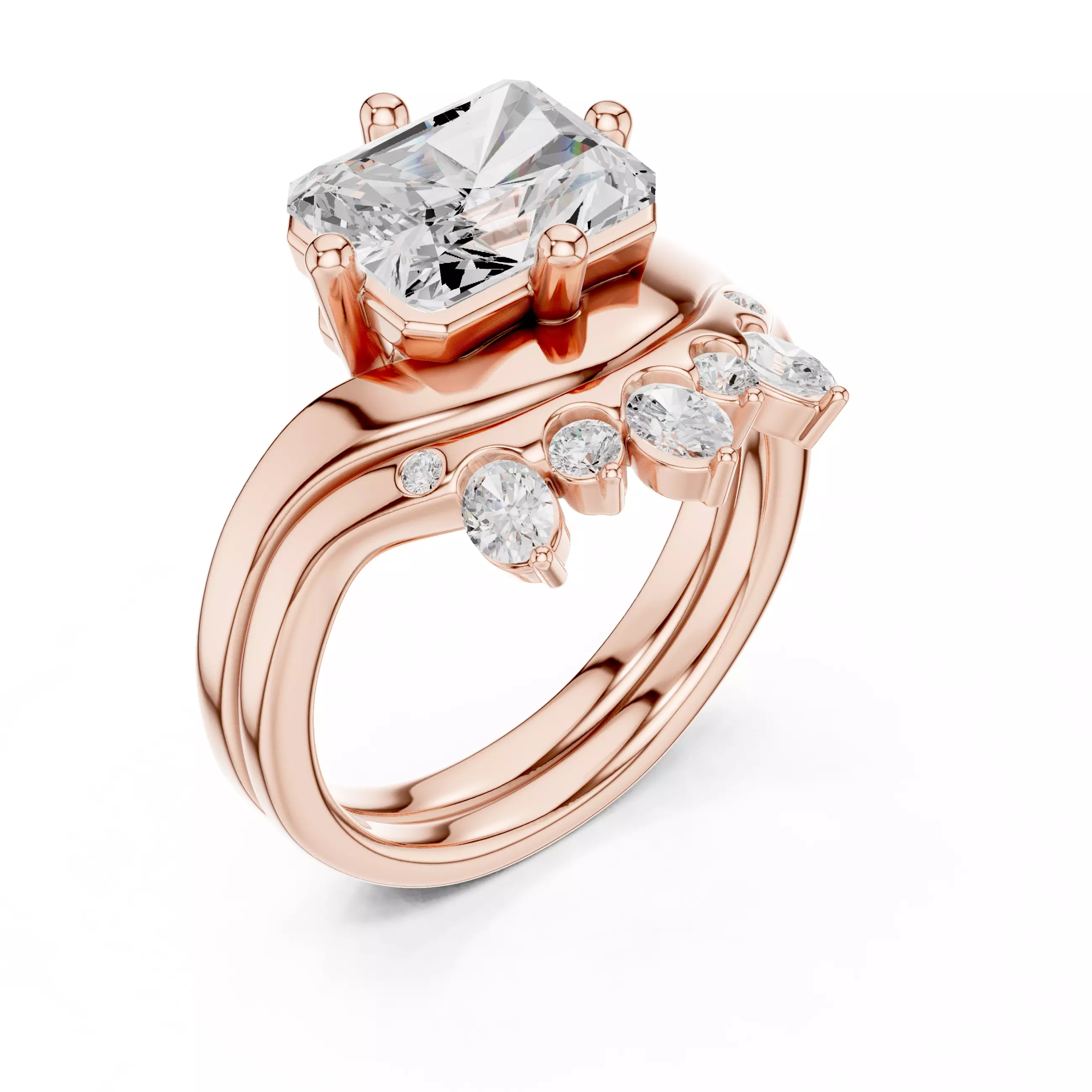 East West Radiant Cut Curved Wedding Ring Set 3DM STL Video 3D print model_4