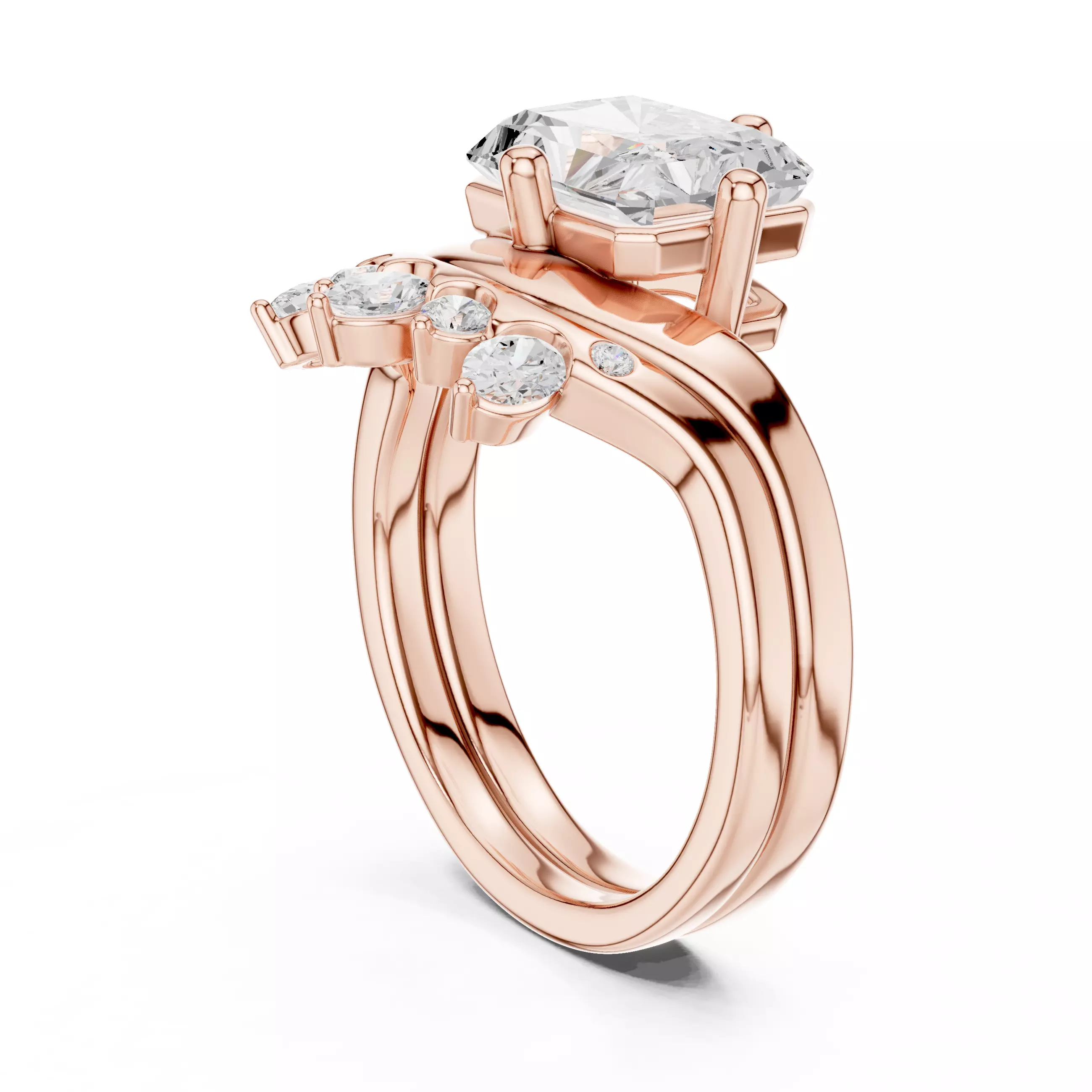 East West Radiant Cut Curved Wedding Ring Set 3DM STL Video 3D print model_3