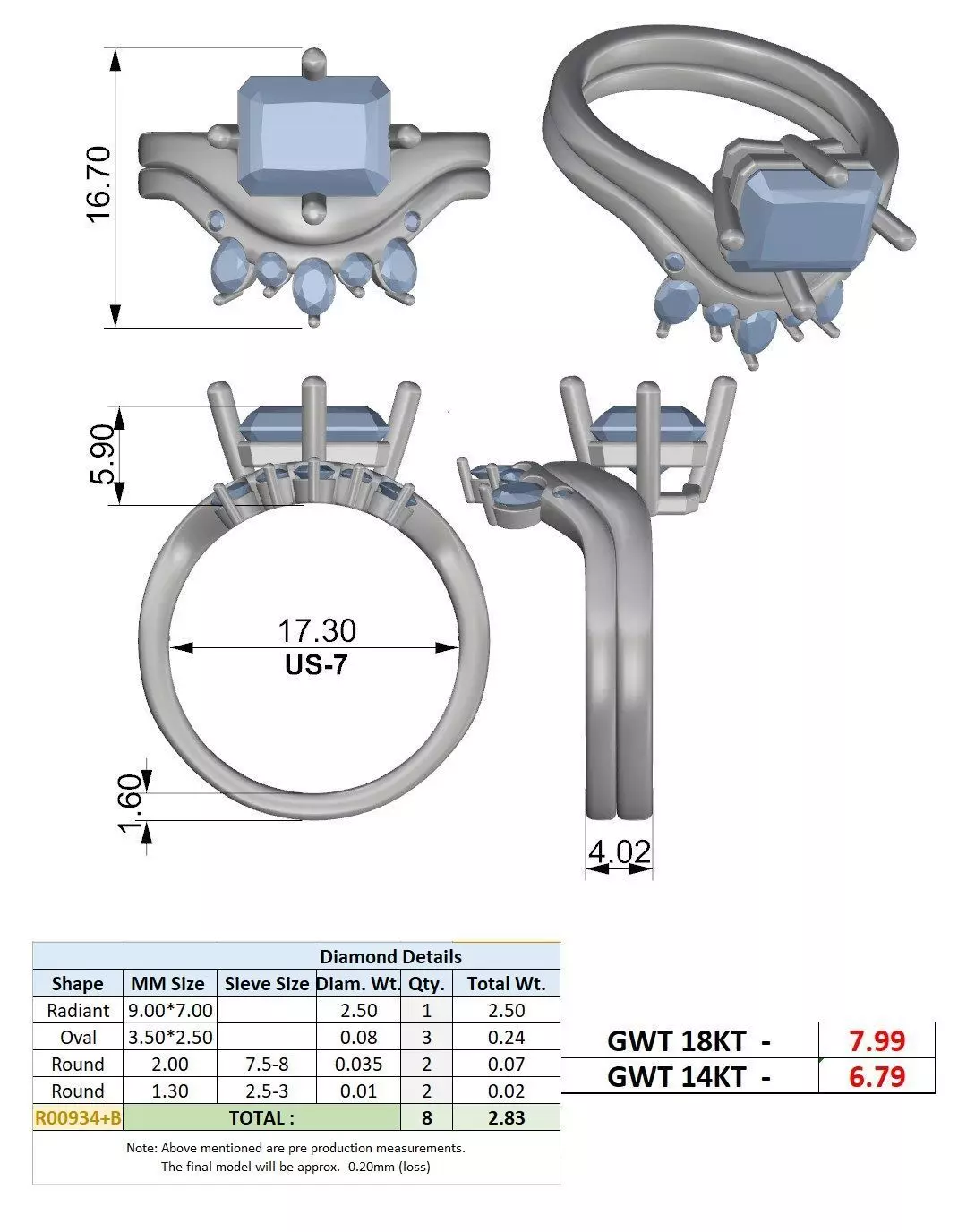 East West Radiant Cut Curved Wedding Ring Set 3DM STL Video 3D print model_15