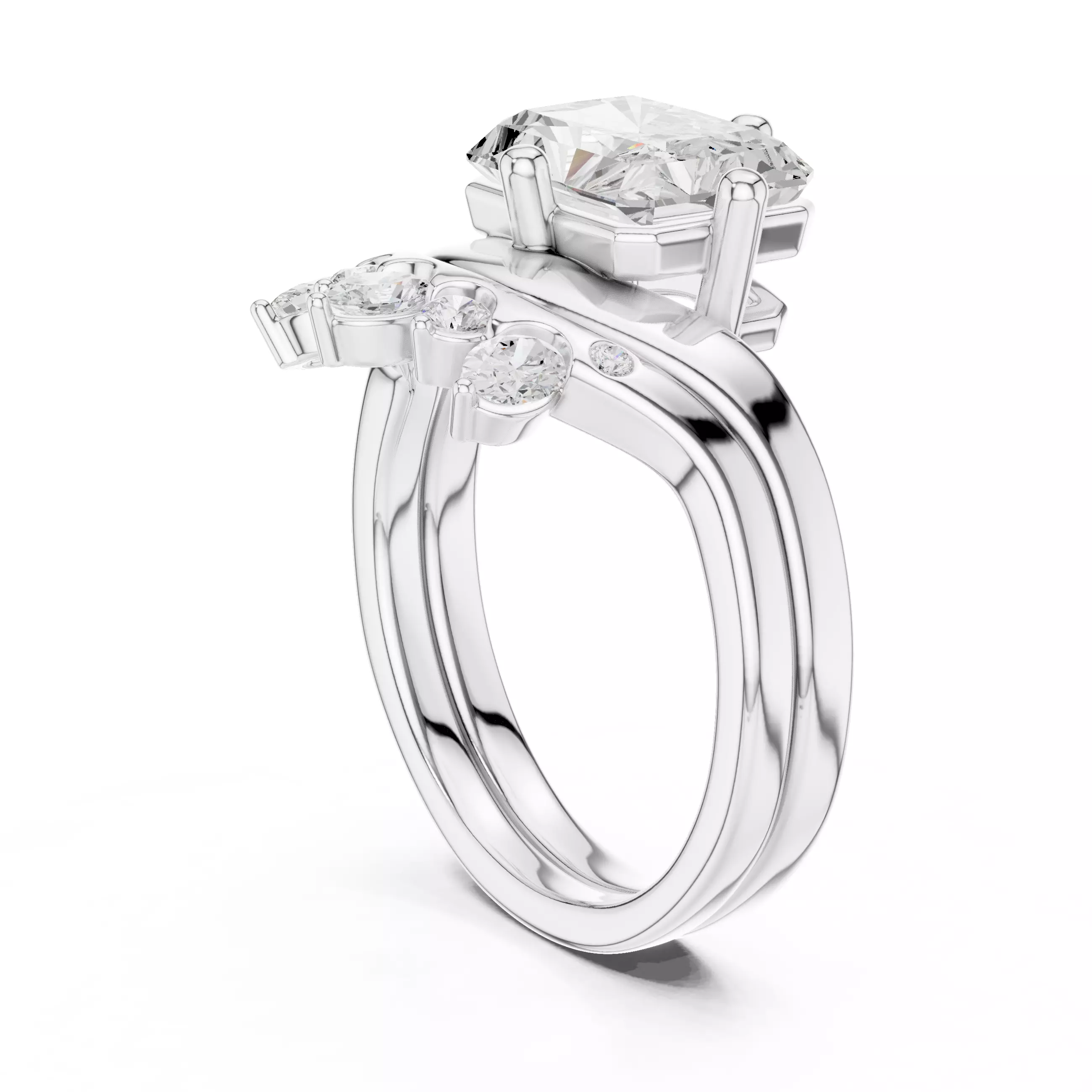 East West Radiant Cut Curved Wedding Ring Set 3DM STL Video 3D print model_9