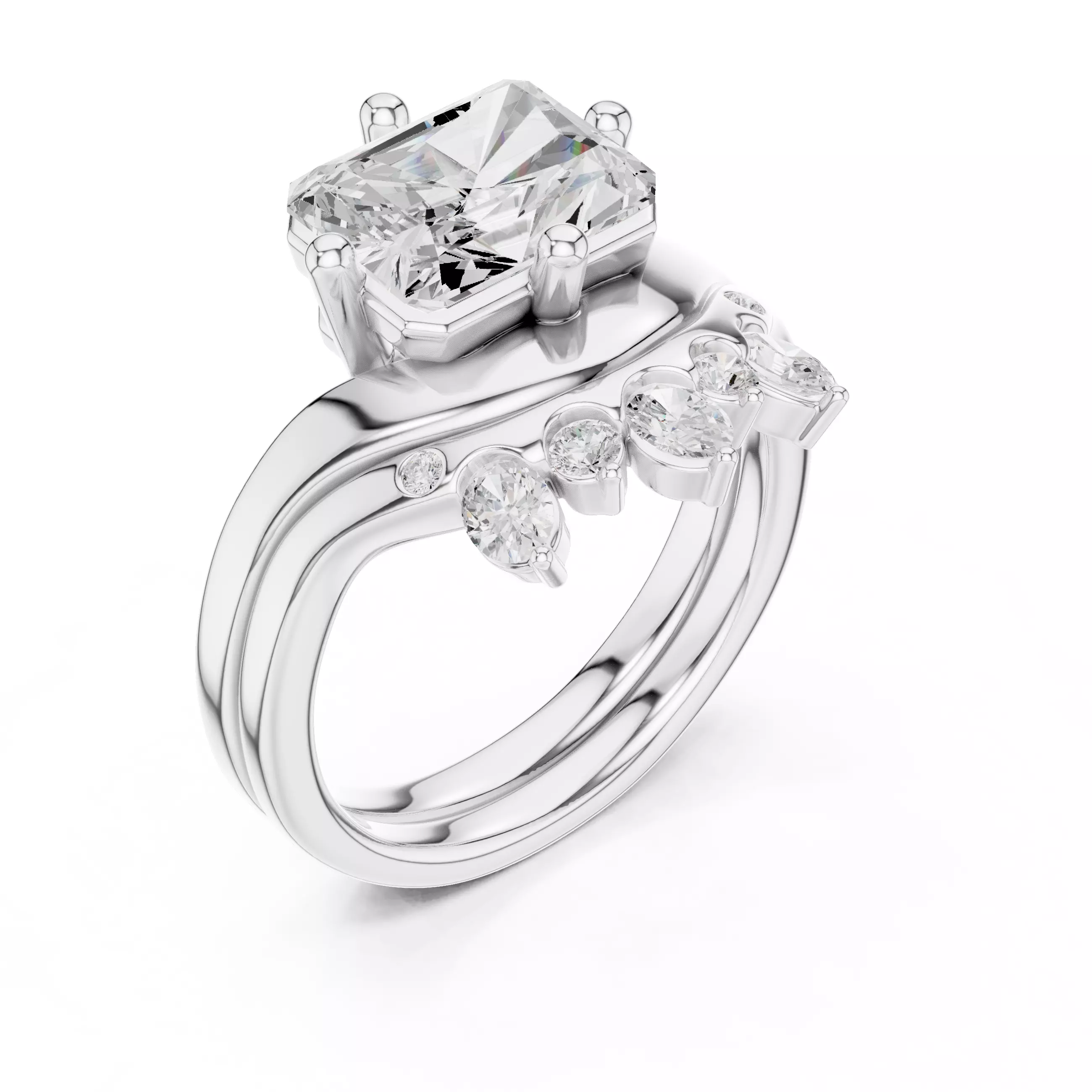 East West Radiant Cut Curved Wedding Ring Set 3DM STL Video 3D print model_10