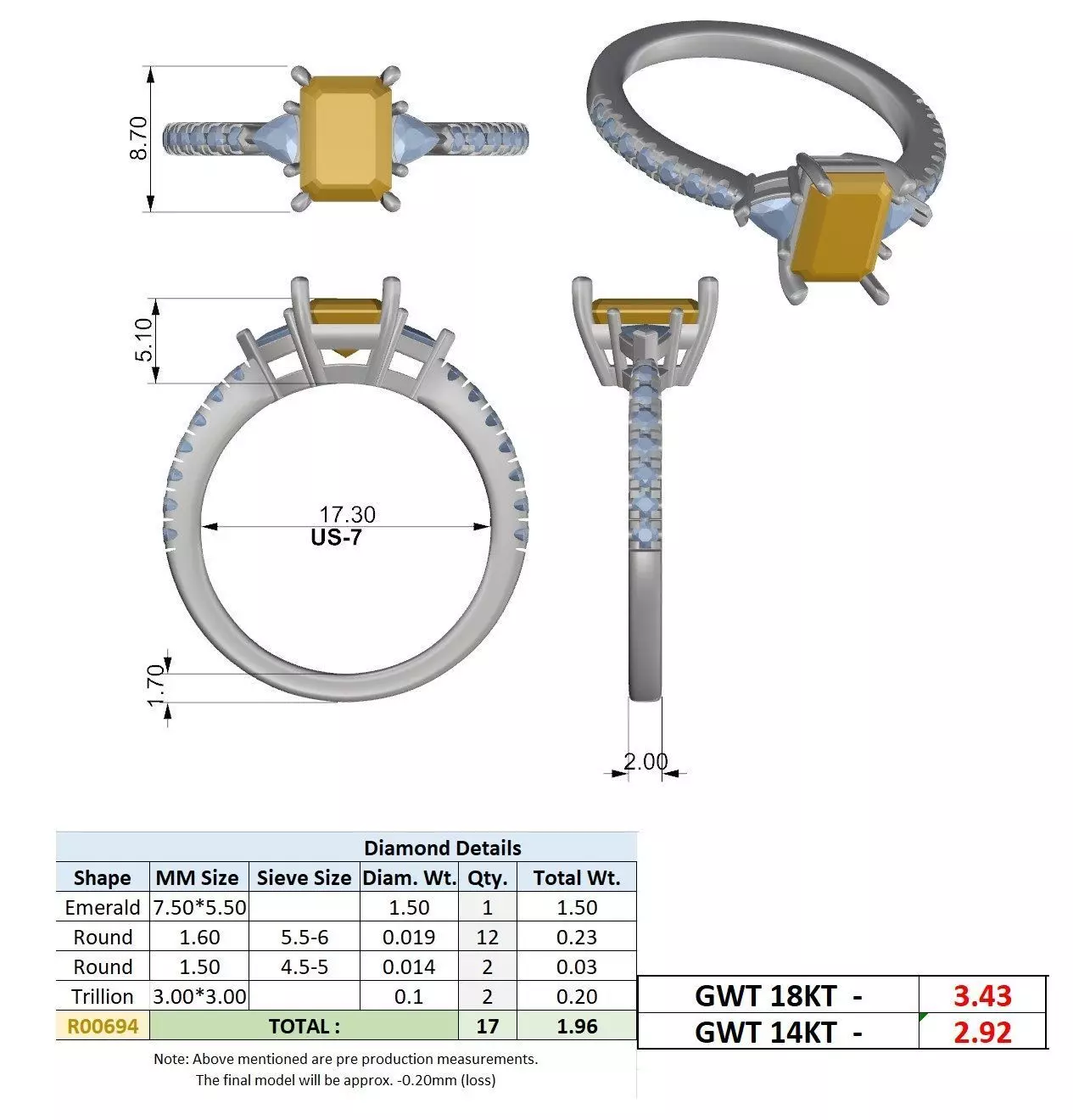 Emerald and Trillion Cut Engagement Wedding Ring 3DM STL Video 3D print model_15