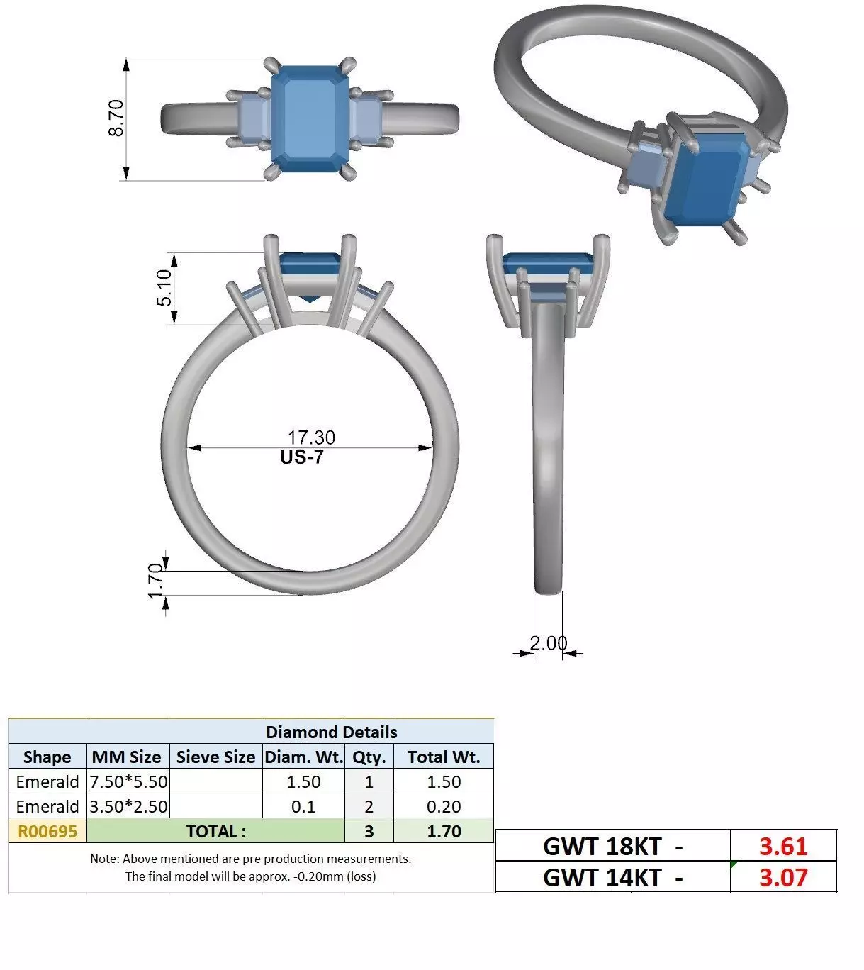 Three Stone Emerald Cut Diamond Engagement Ring 3DM STL Video 3D print model_15