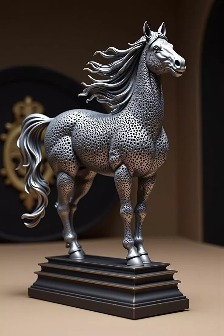 Silver Stallion Perforated Metal Horse Sculpture Dynamic Pose Low-poly 3D model_0