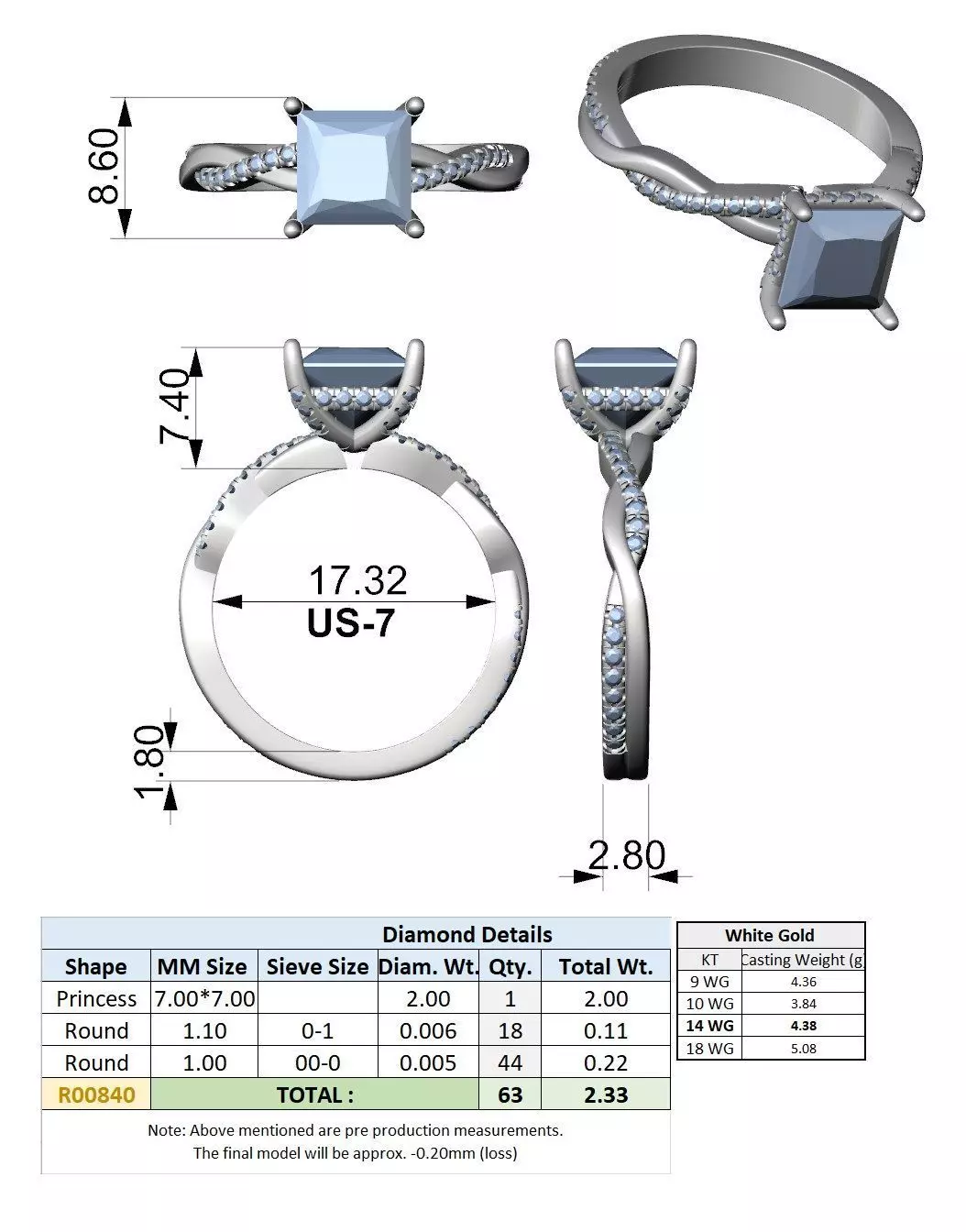 2CT Princess Cut Twisted Shank Engagement Ring 3DM STL Video 3D print model_15