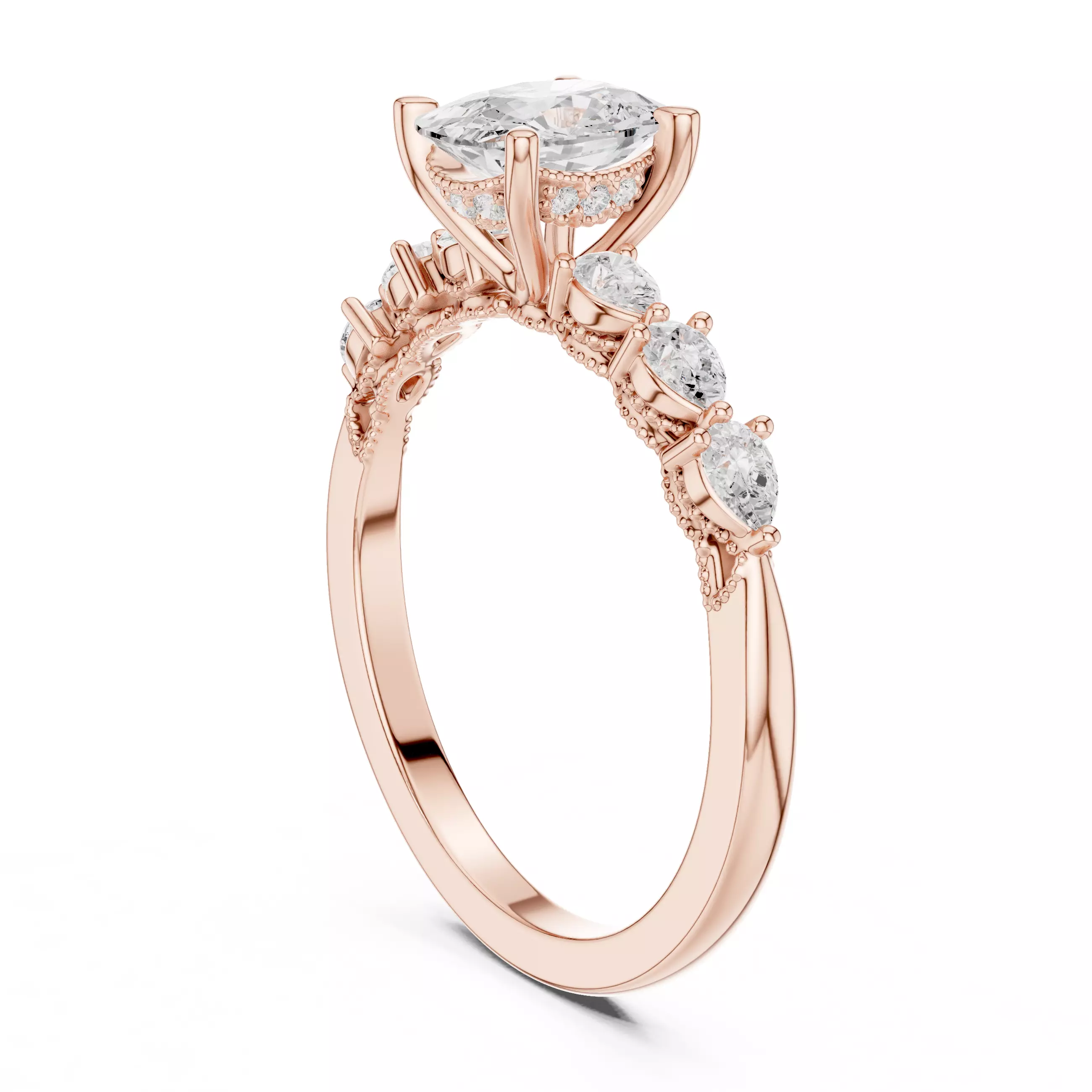 Cushion Cut Hidden Halo Diamond Side Pear Cut Ring 3DM STL Video 3D print model_3