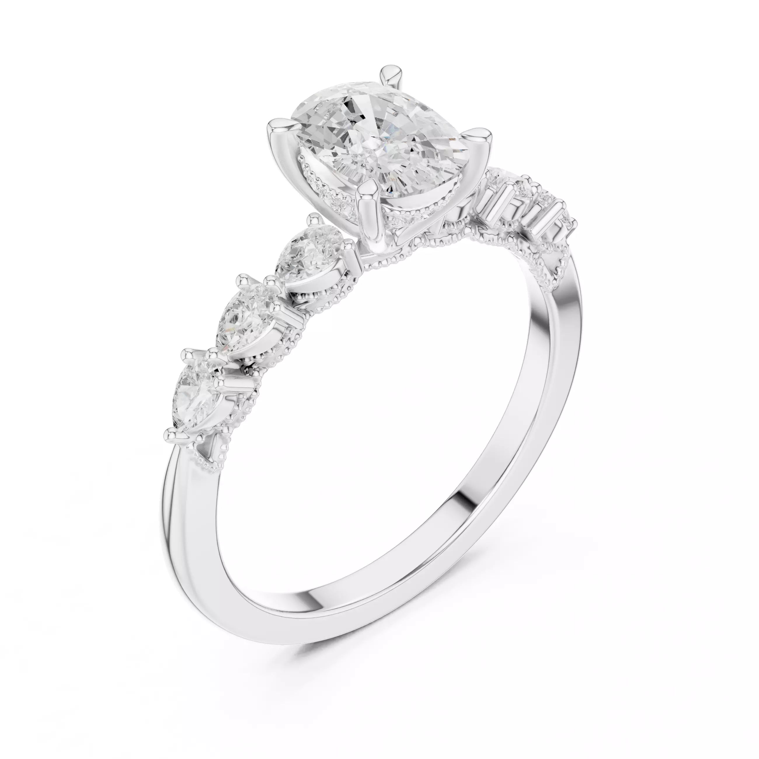 Cushion Cut Hidden Halo Diamond Side Pear Cut Ring 3DM STL Video 3D print model_10