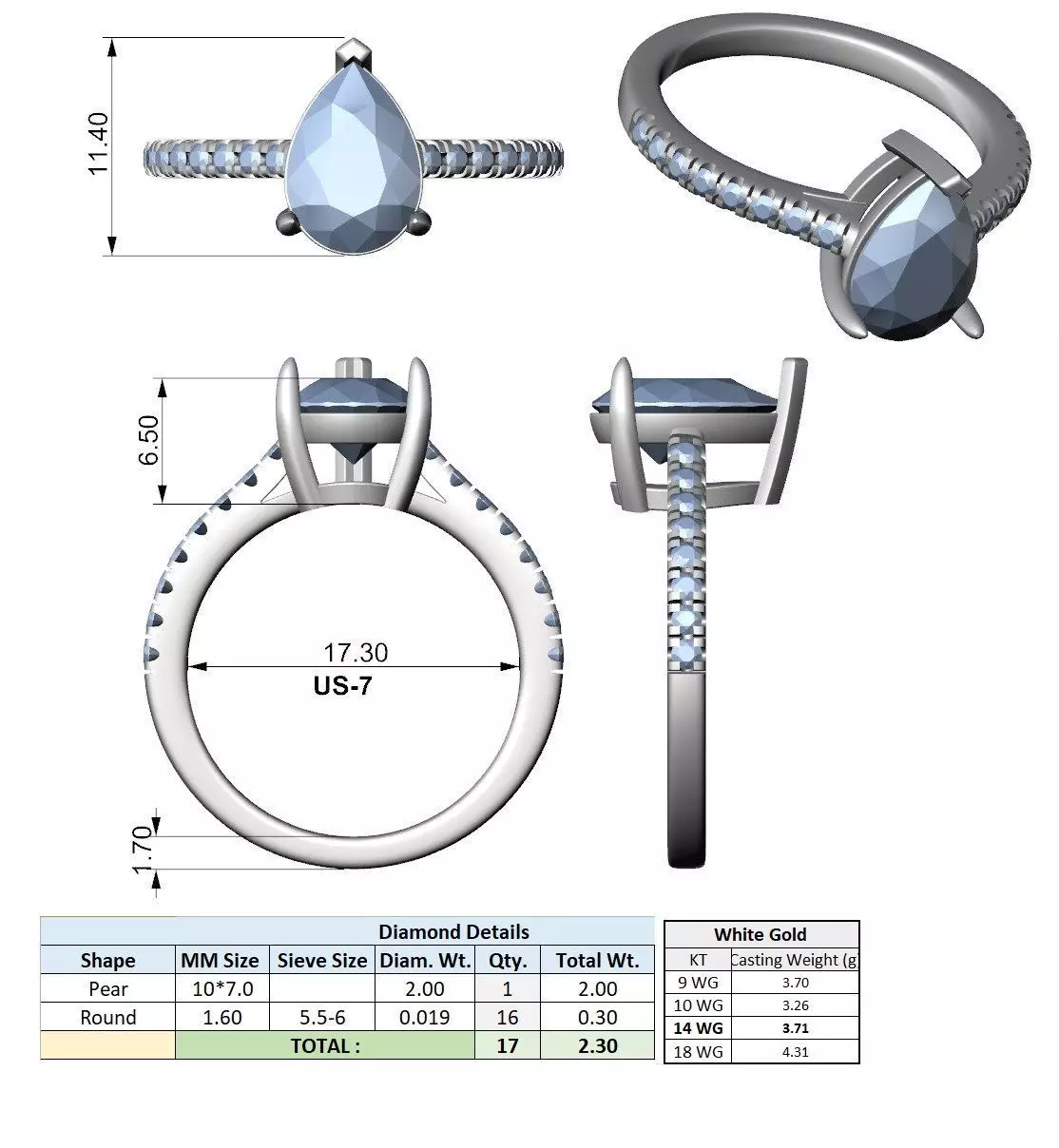 2CT Pear Cut Diamond Engagement Wedding Ring 3DM STL Video 3D print model_15