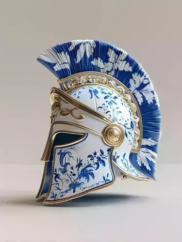 Elegant Warrior Helmet Blue Gold Ancient Delftware Patterns