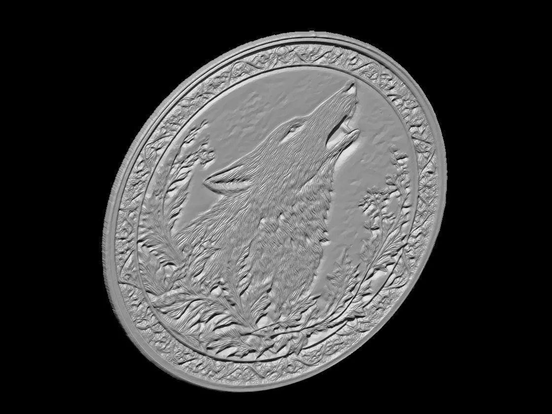 Howling Wolf Medallion Sculpture Relief 3D print model_3