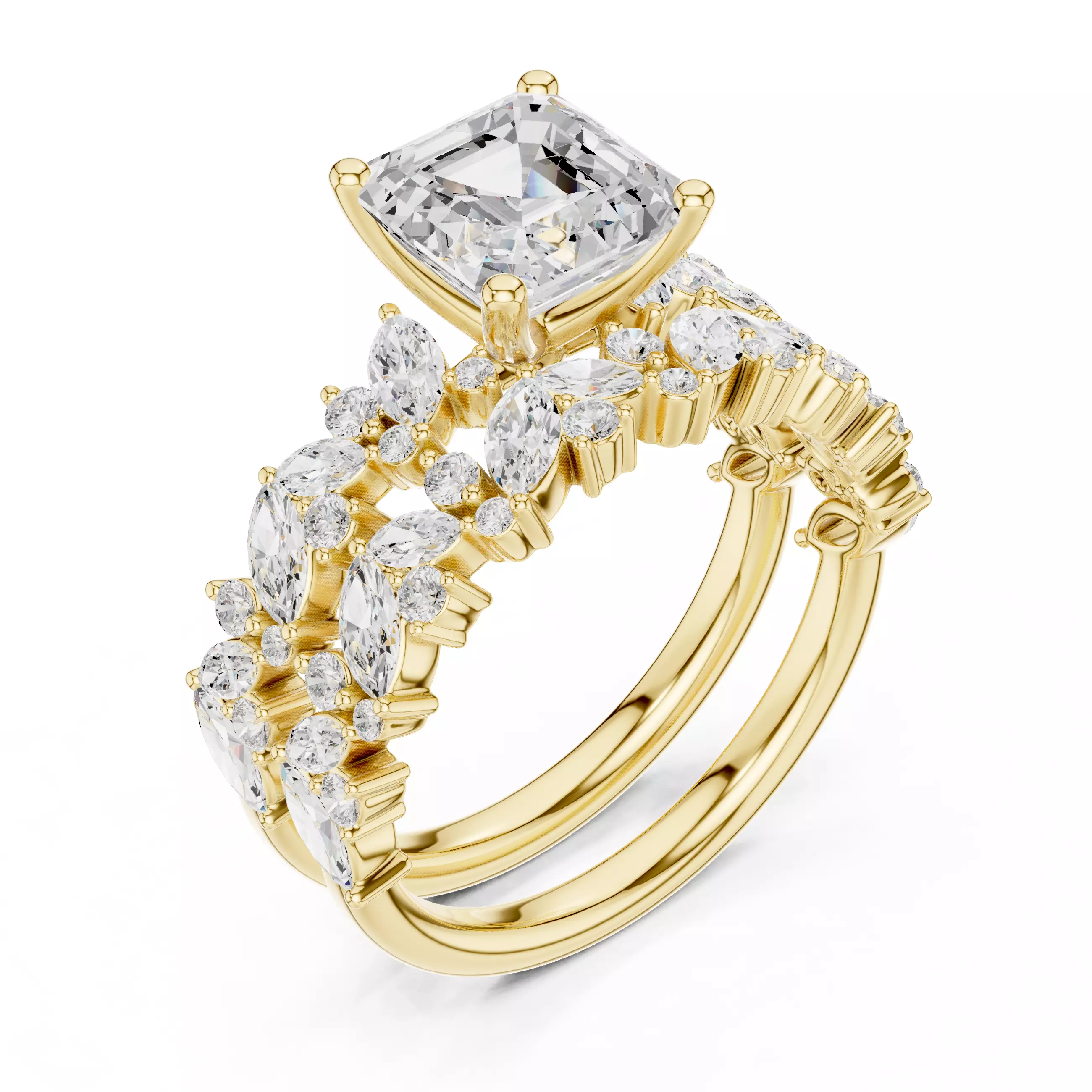 7mm Asscher Cut Diamond Wedding Ring Set 3DM STL Video 3D print model_7