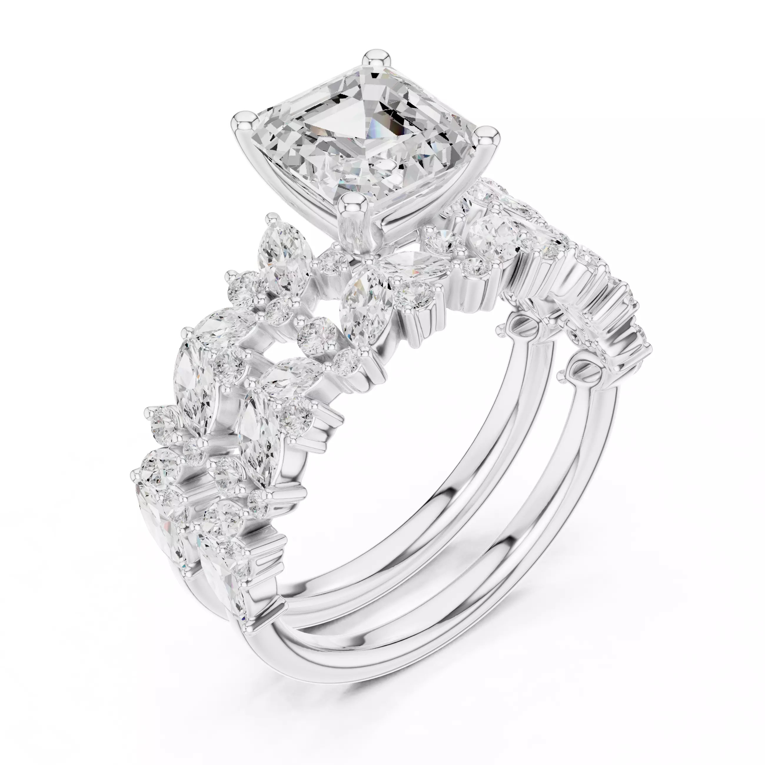 7mm Asscher Cut Diamond Wedding Ring Set 3DM STL Video 3D print model_10