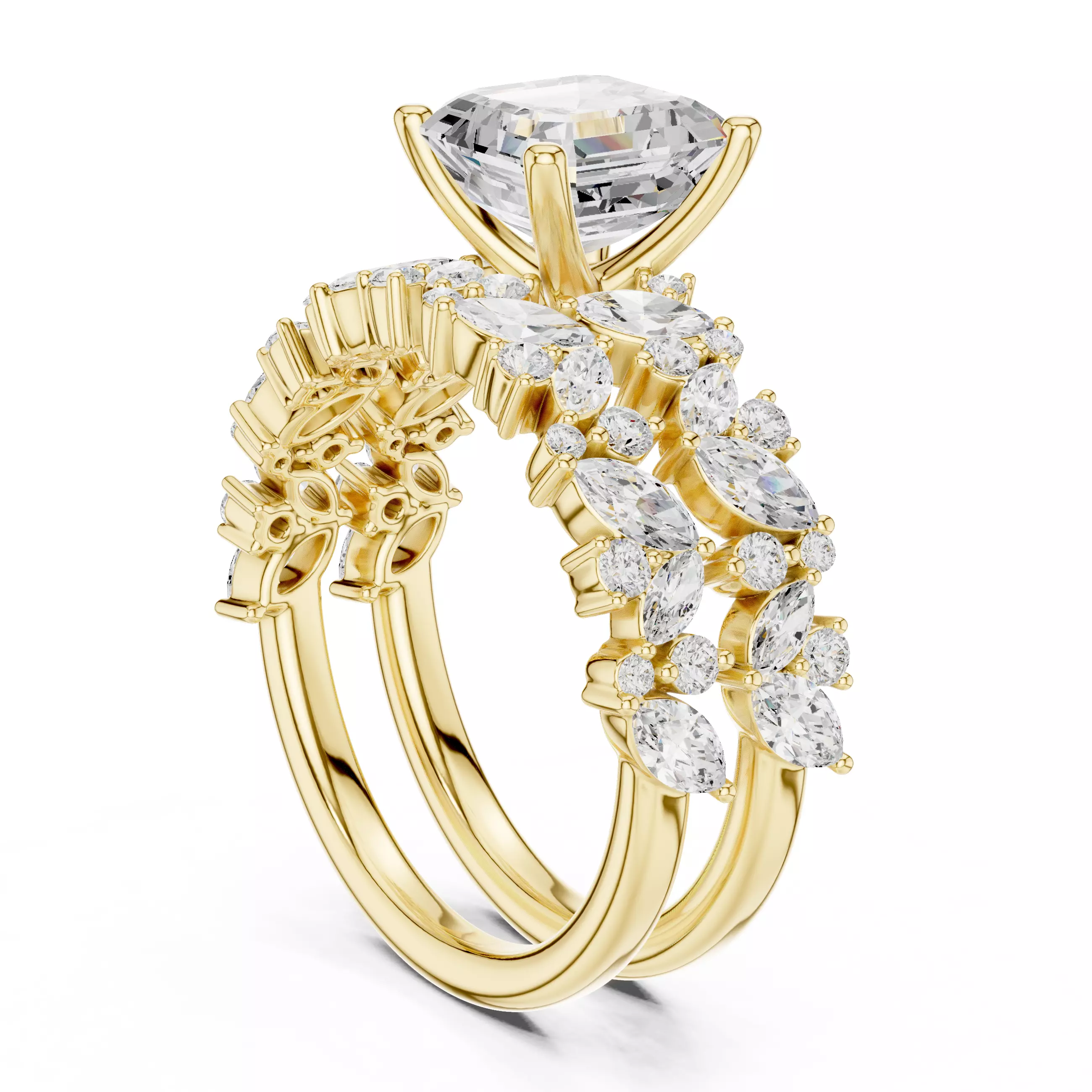 7mm Asscher Cut Diamond Wedding Ring Set 3DM STL Video 3D print model_6