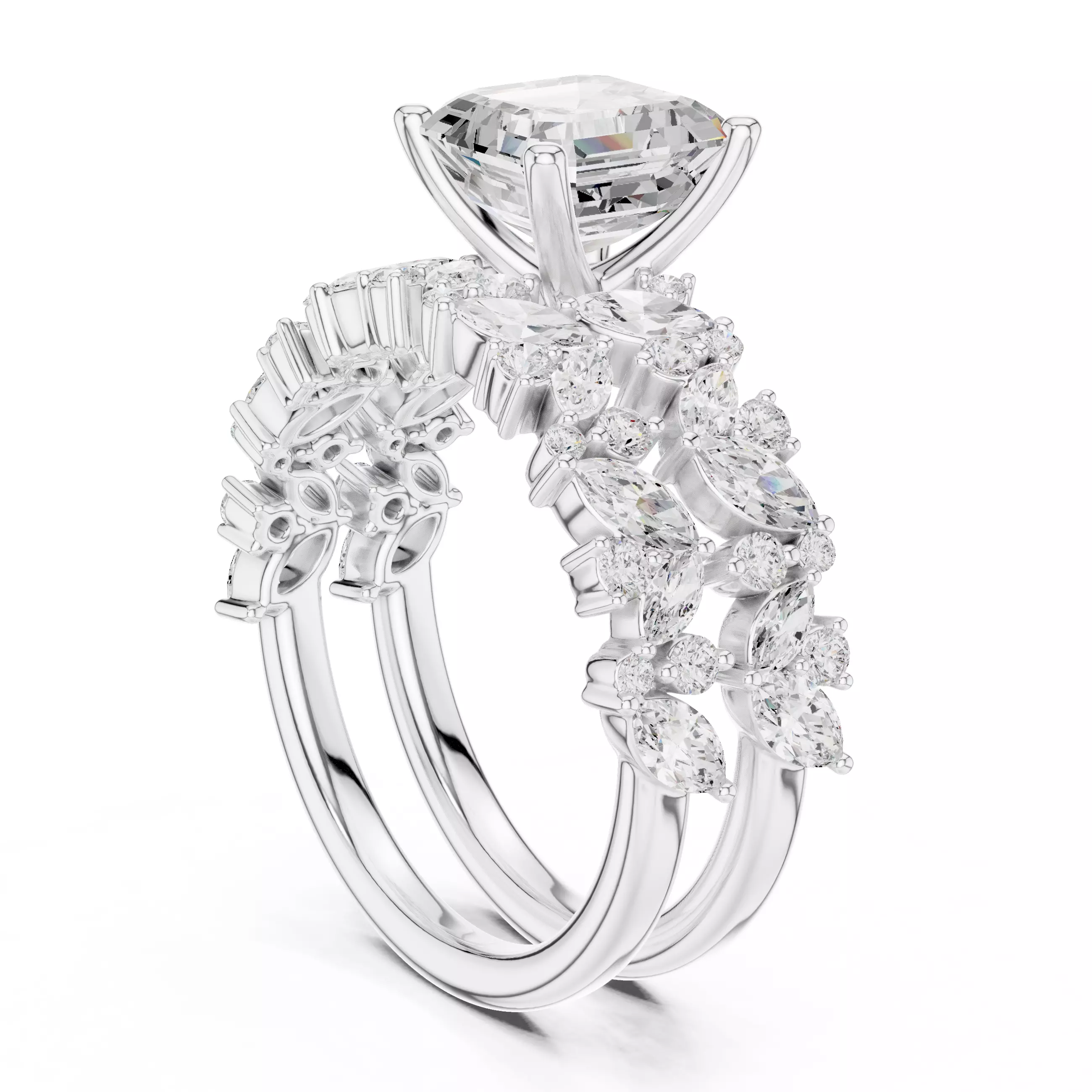 7mm Asscher Cut Diamond Wedding Ring Set 3DM STL Video 3D print model_9