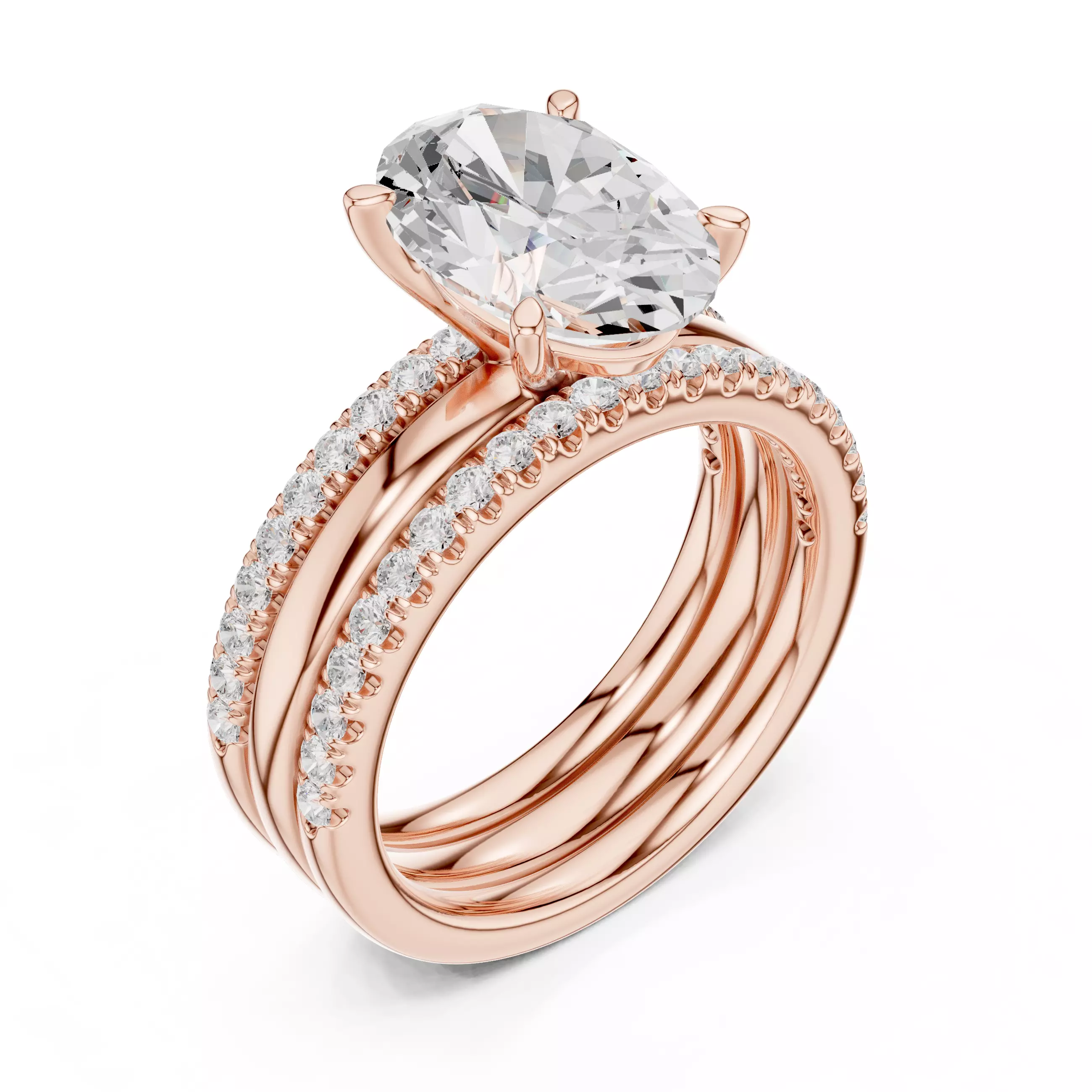 Three Piece Set Solitaire Oval and Two Round Band 3DM STL Video 3D print model_4