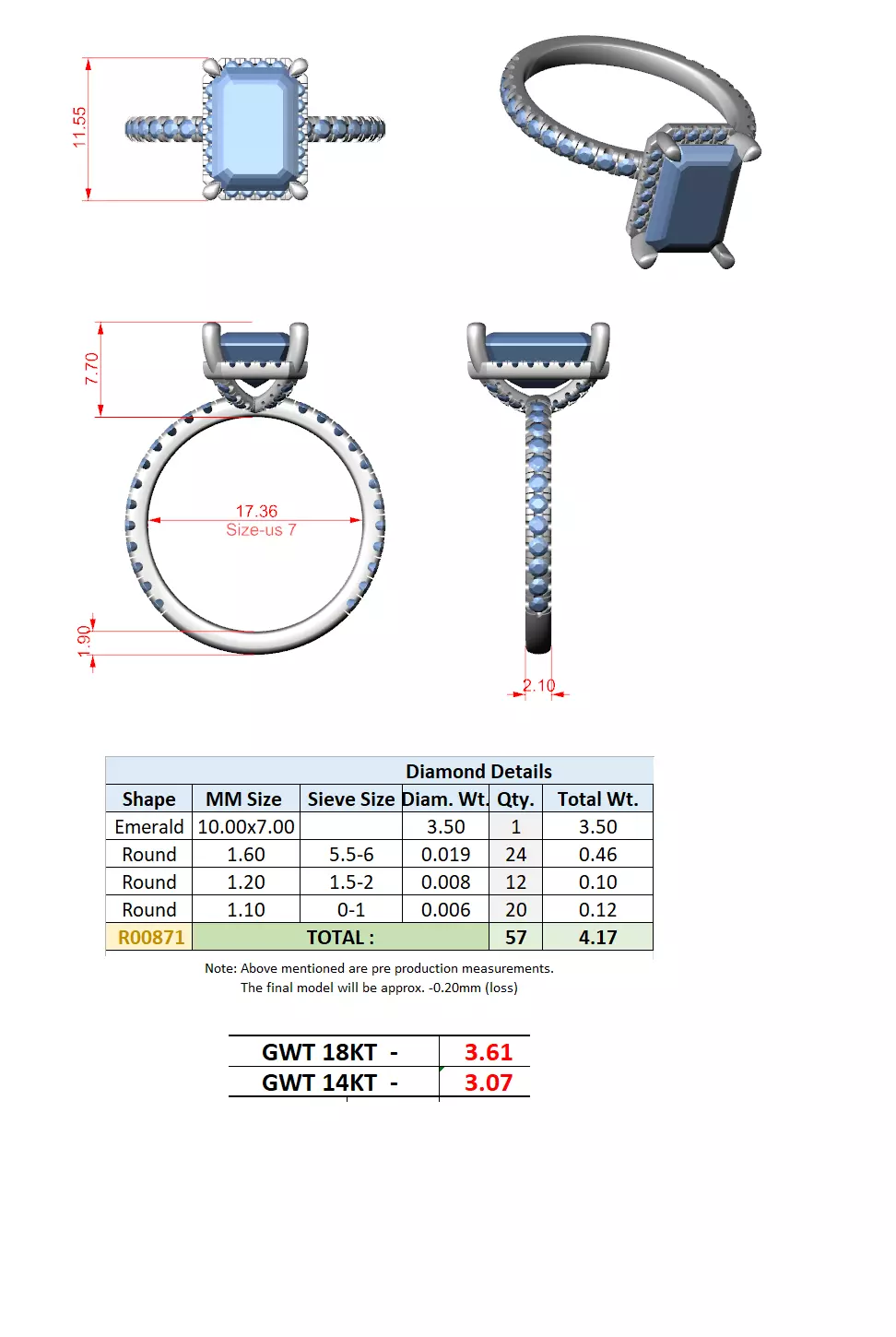 10x7mm Emerald Cut Diamond Engagement Ring 3DM STL Video 3D print model_15