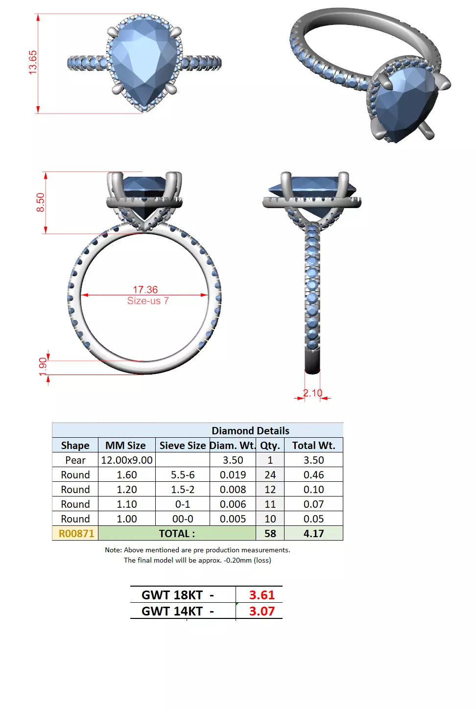 12x9mm Pear Cut Diamond Halo Engagement Ring 3DM STL Video 3D print model_15