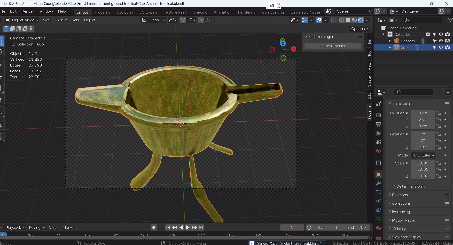 Chinese ancient style metal cup in tree leaf color Low-poly 3D model_13