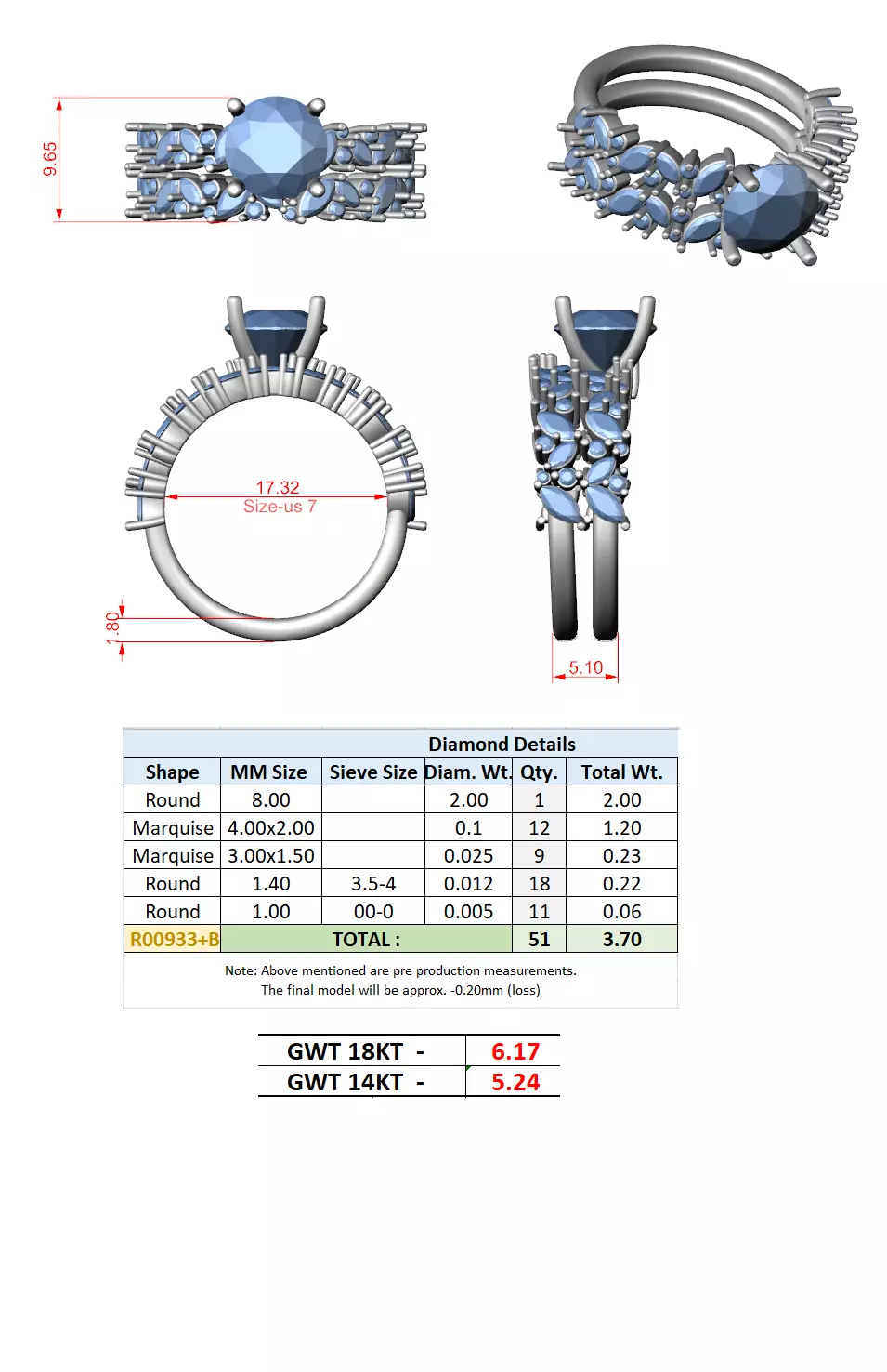 Round Diamond Marquise Cut Cluster Shank Ring Set 3DM STL Video 3D print model_15