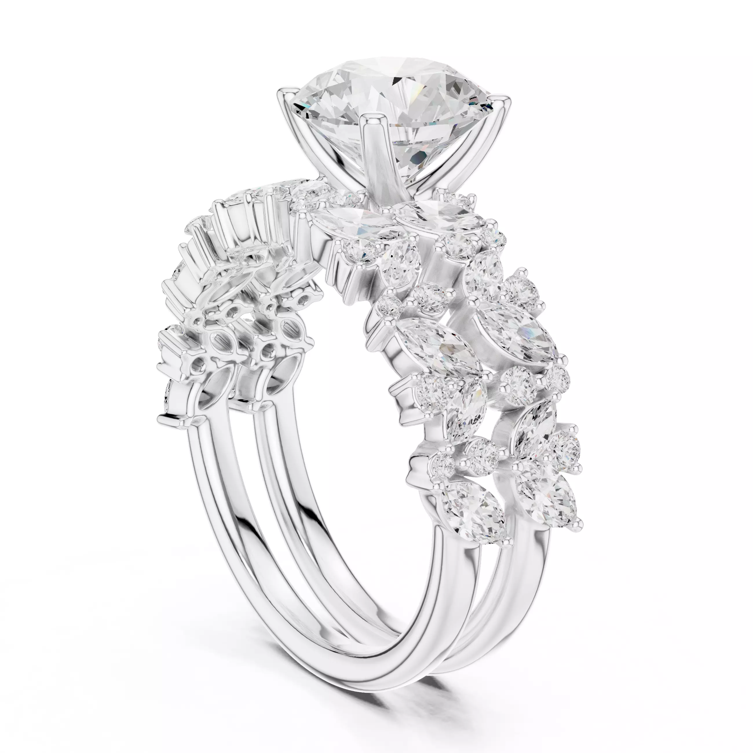 Round Diamond Marquise Cut Cluster Shank Ring Set 3DM STL Video 3D print model_9