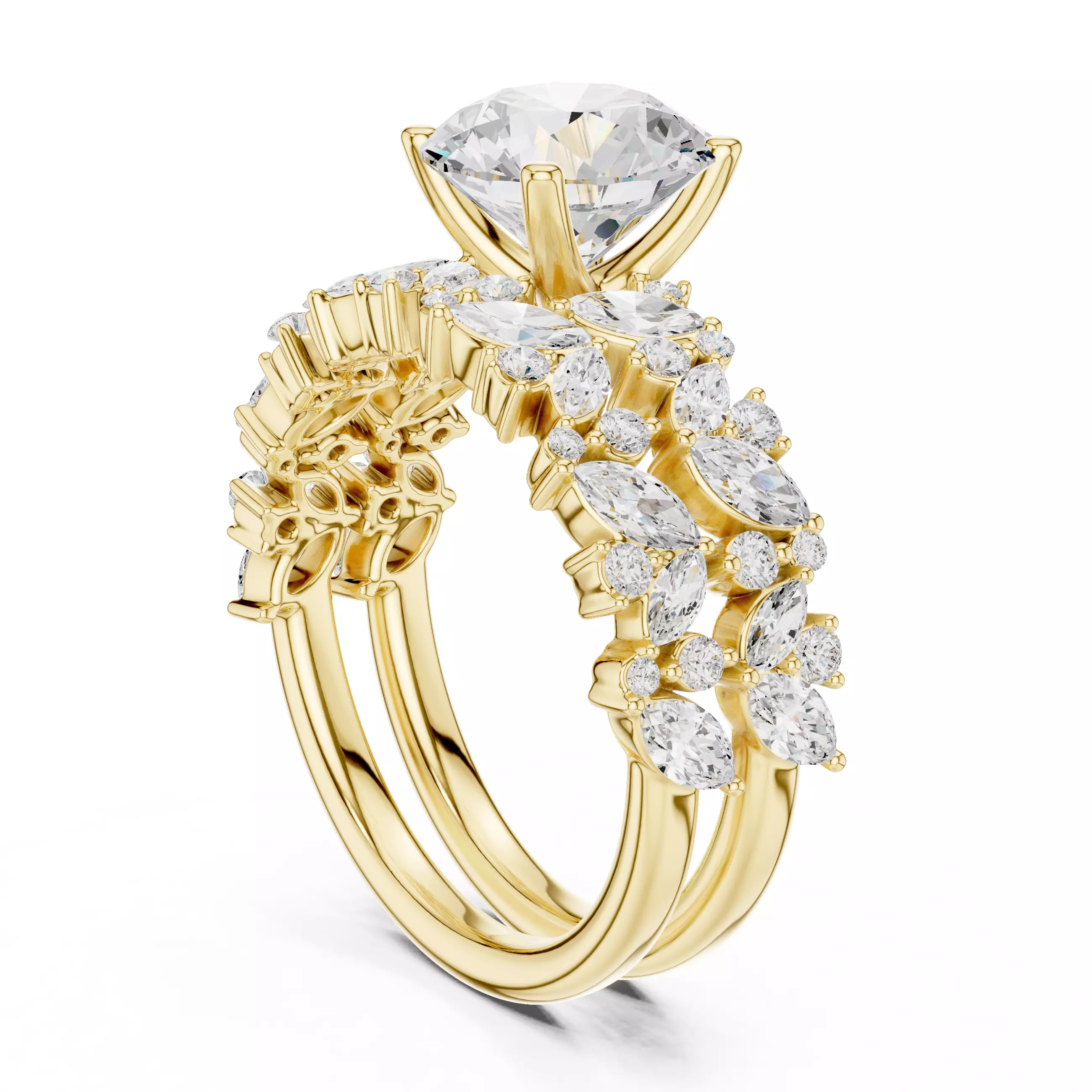 Round Diamond Marquise Cut Cluster Shank Ring Set 3DM STL Video 3D print model_6