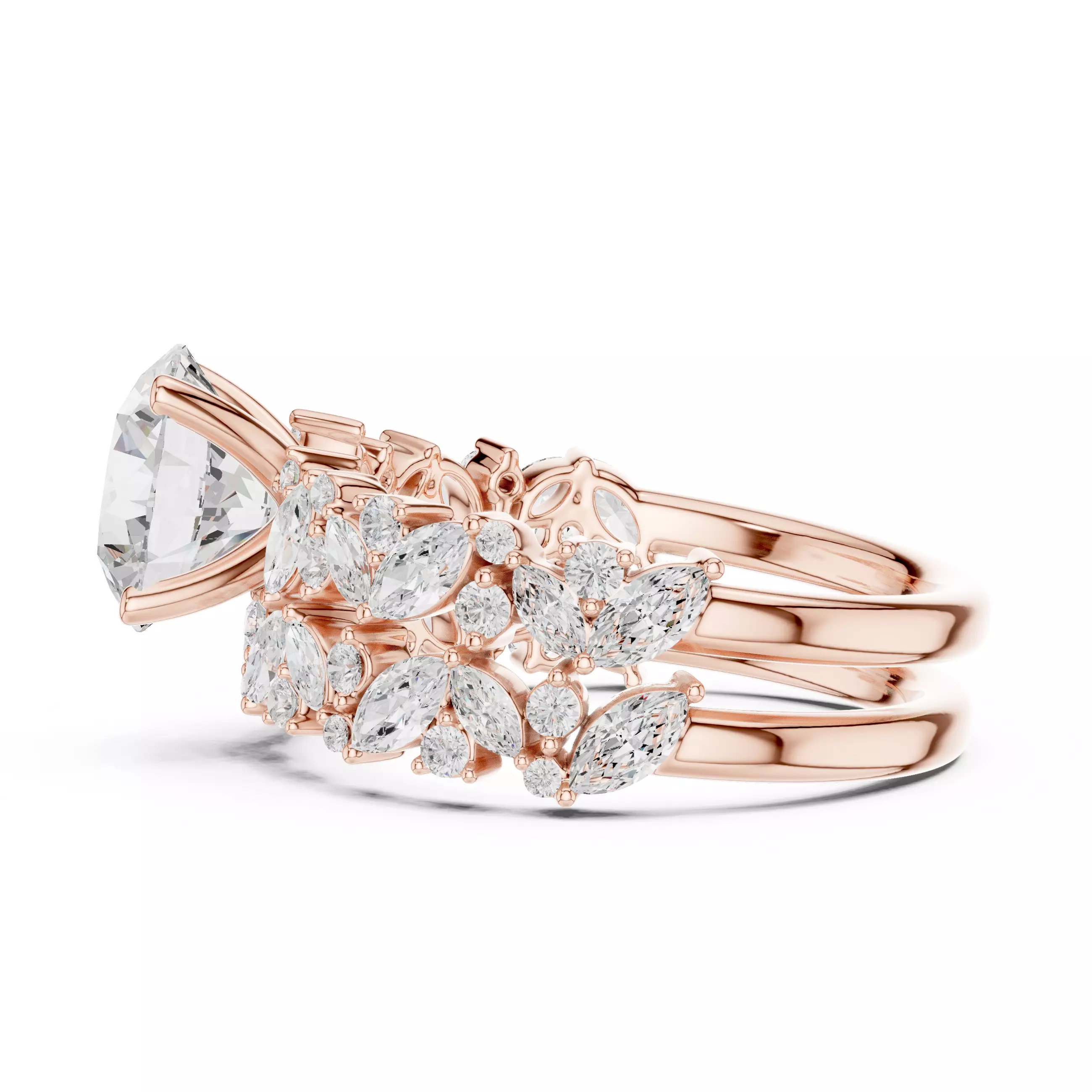 Round Diamond Marquise Cut Cluster Shank Ring Set 3DM STL Video 3D print model_5