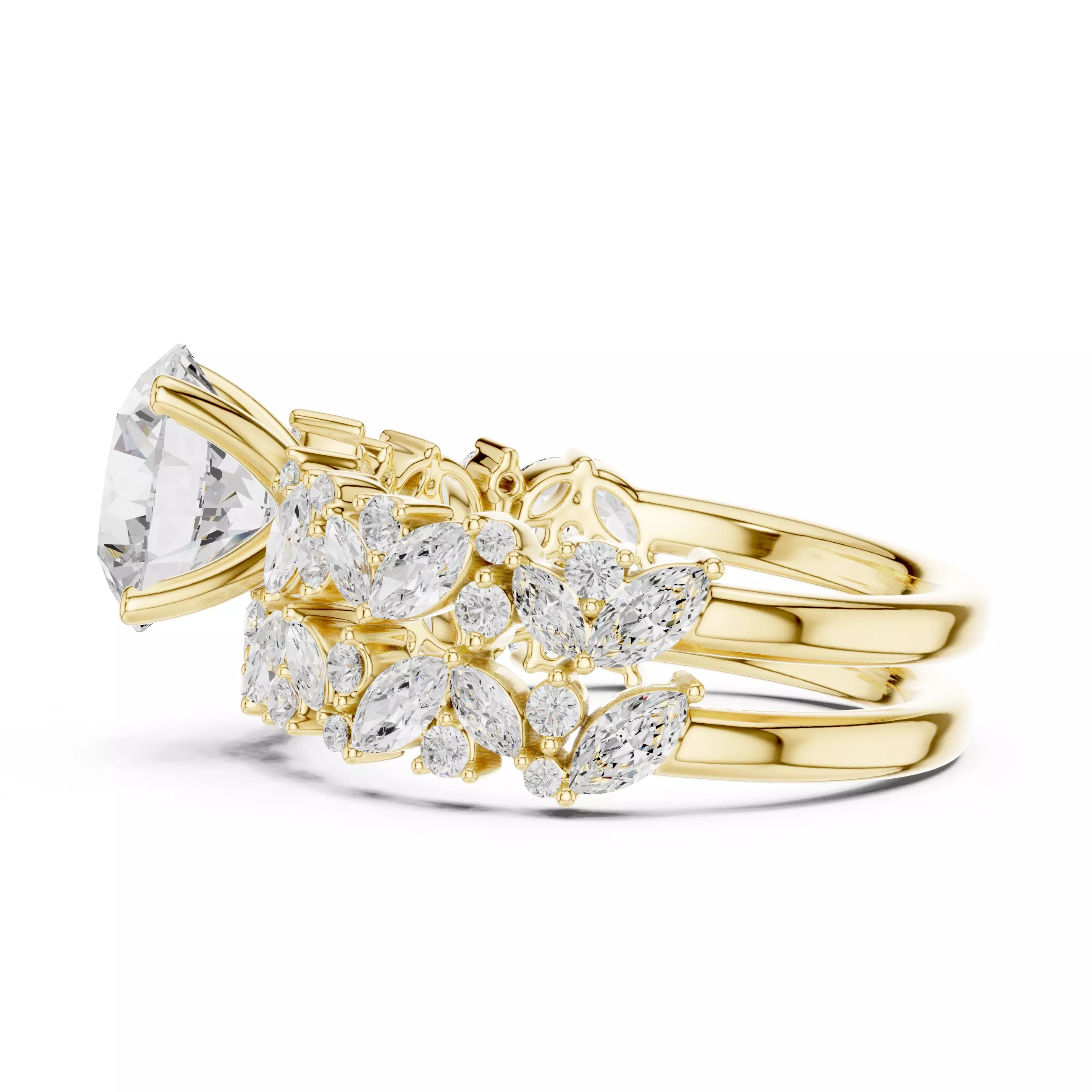 Round Diamond Marquise Cut Cluster Shank Ring Set 3DM STL Video 3D print model_8