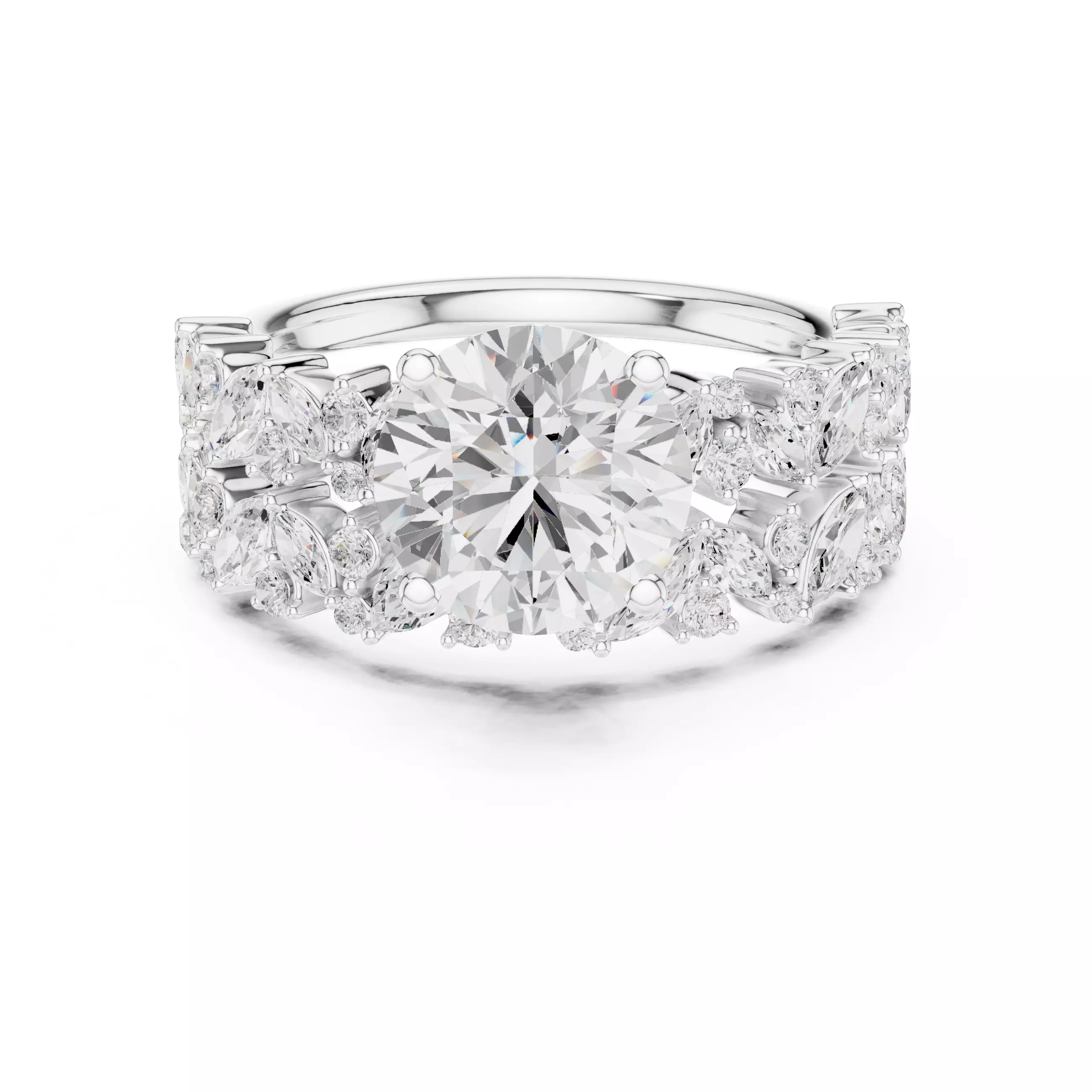 Round Diamond Marquise Cut Cluster Shank Ring Set 3DM STL Video 3D print model_2